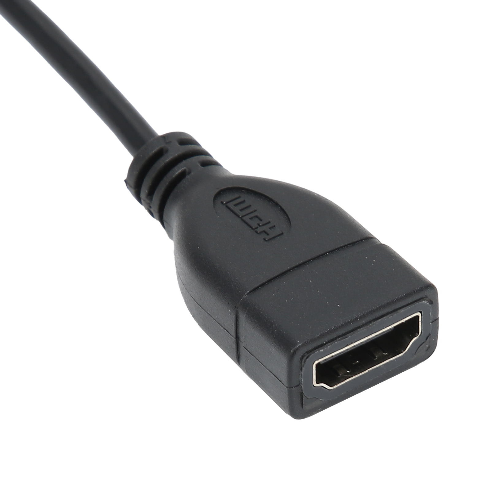 Schwarzes HDMI-Kabel. Der Stecker ist schwarz und trägt das HDMI-Logo. Das Kabel ist auf weißem Hintergrund.