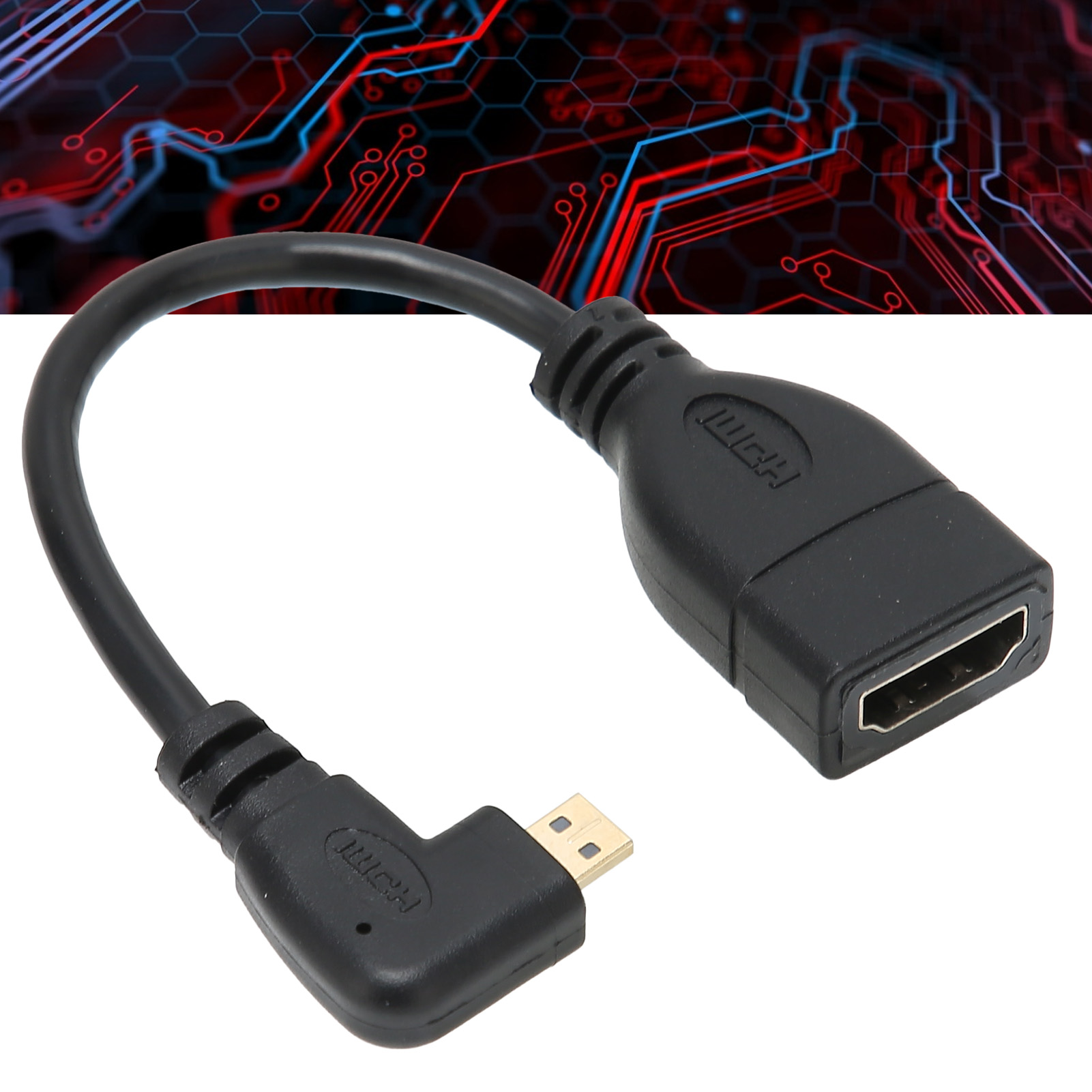 Ein schwarzes HDMI-Adapterkabel mit Micro-USB- und Standard-HDMI-Anschlüssen, mit rotem und blauem Leiterplattenhintergrund.