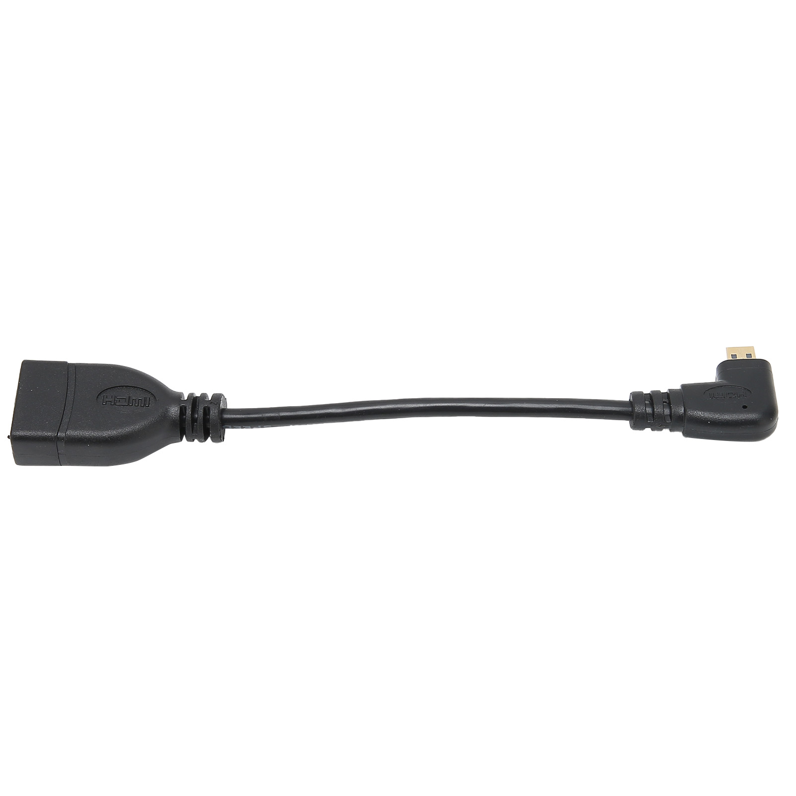 Ein schwarzes HDMI-zu-Micro-HDMI-Adapterkabel. Ein Ende ist ein HDMI-Buchsenanschluss, das andere ein abgewinkelter Micro-HDMI-Anschluss.