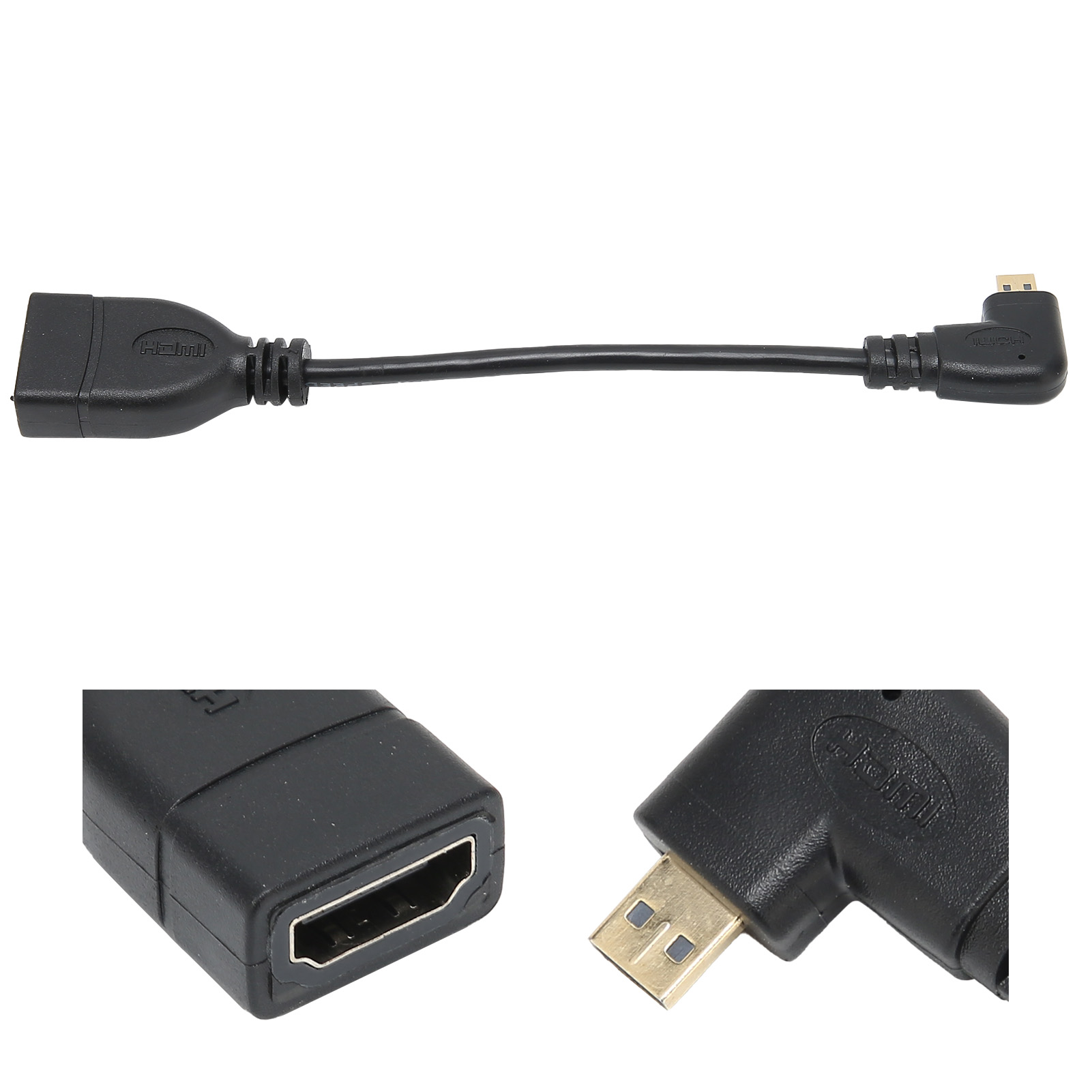 Schwarzes HDMI-zu-Micro-HDMI-Adapterkabel. Der Adapter hat zwei Anschlüsse, einen Standard- und einen abgewinkelten Microanschluss.