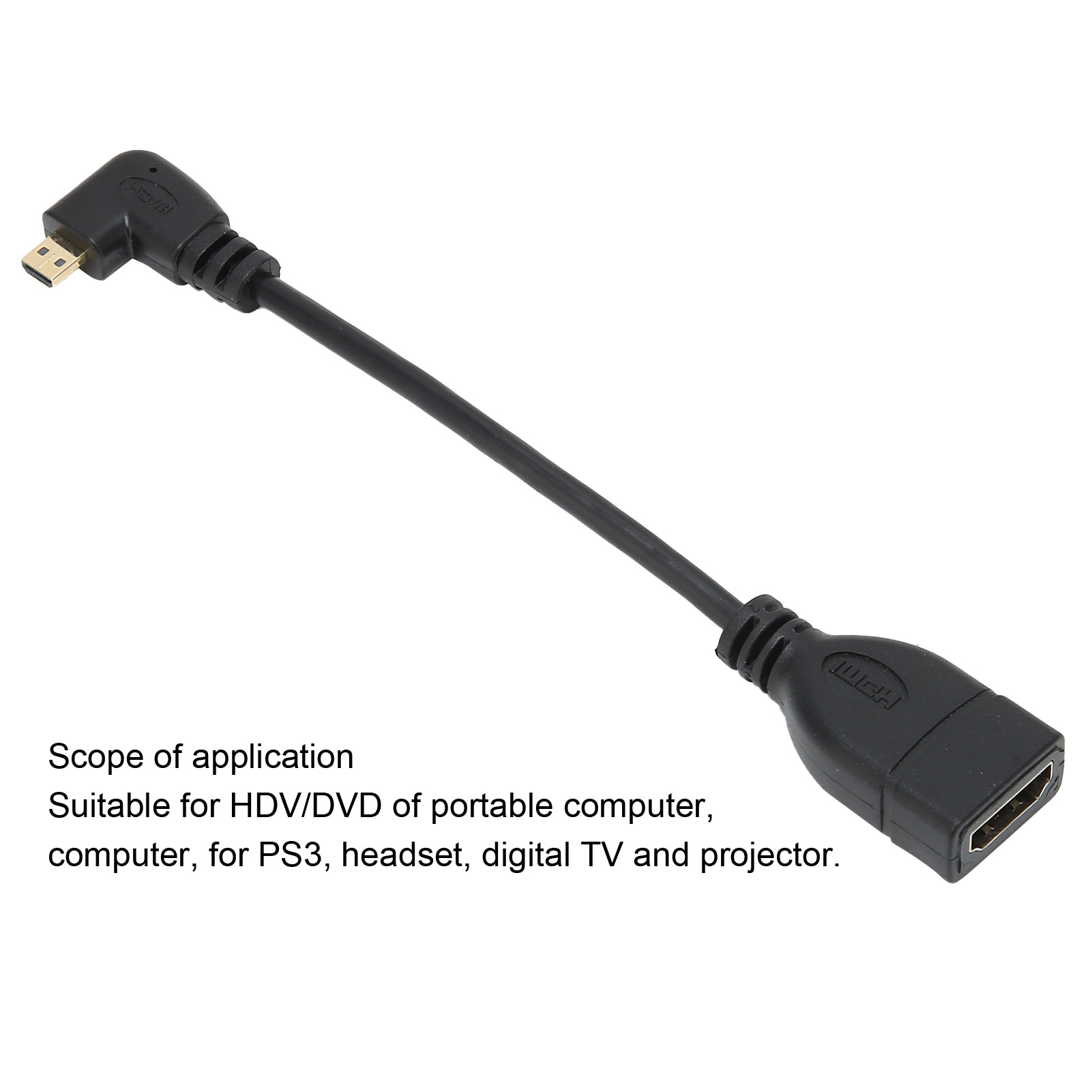 Schwarzes HDMI-Adapterkabel. Ein Ende ist ein abgewinkelter Stecker. Das andere Ende ist ein Standard-HDMI-Anschluss.