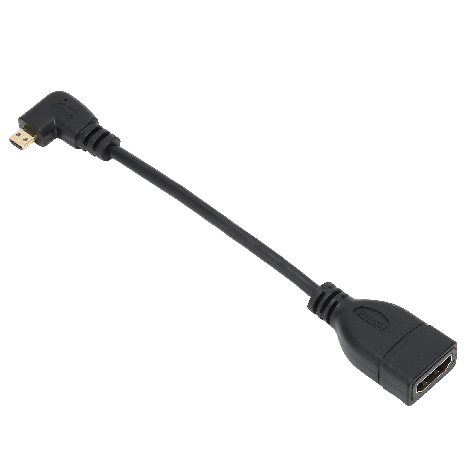 Ein schwarzes HDMI-Adapterkabel mit einem Micro-HDMI-Anschluss an einem Ende und einem Standard-HDMI-Anschluss am anderen Ende. Das Kabel ist abgewinkelt.