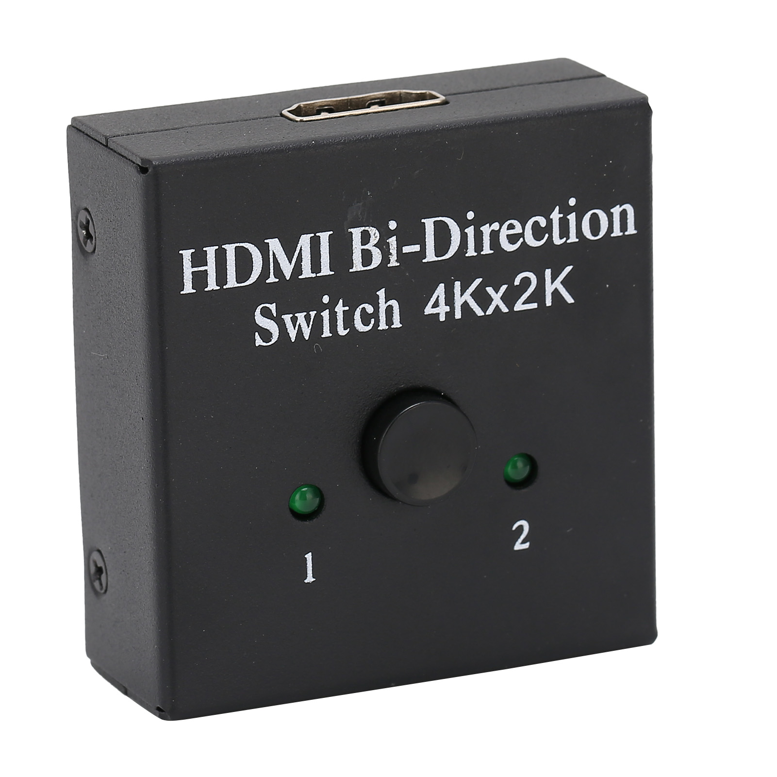 Schwarzer HDMI-Schalter mit weißem Text. Hat einen Knopf, zwei grüne Lichter und einen HDMI-Anschluss. Zeigt "HDMI Bi-Direction Switch 4Kx2K" an.
