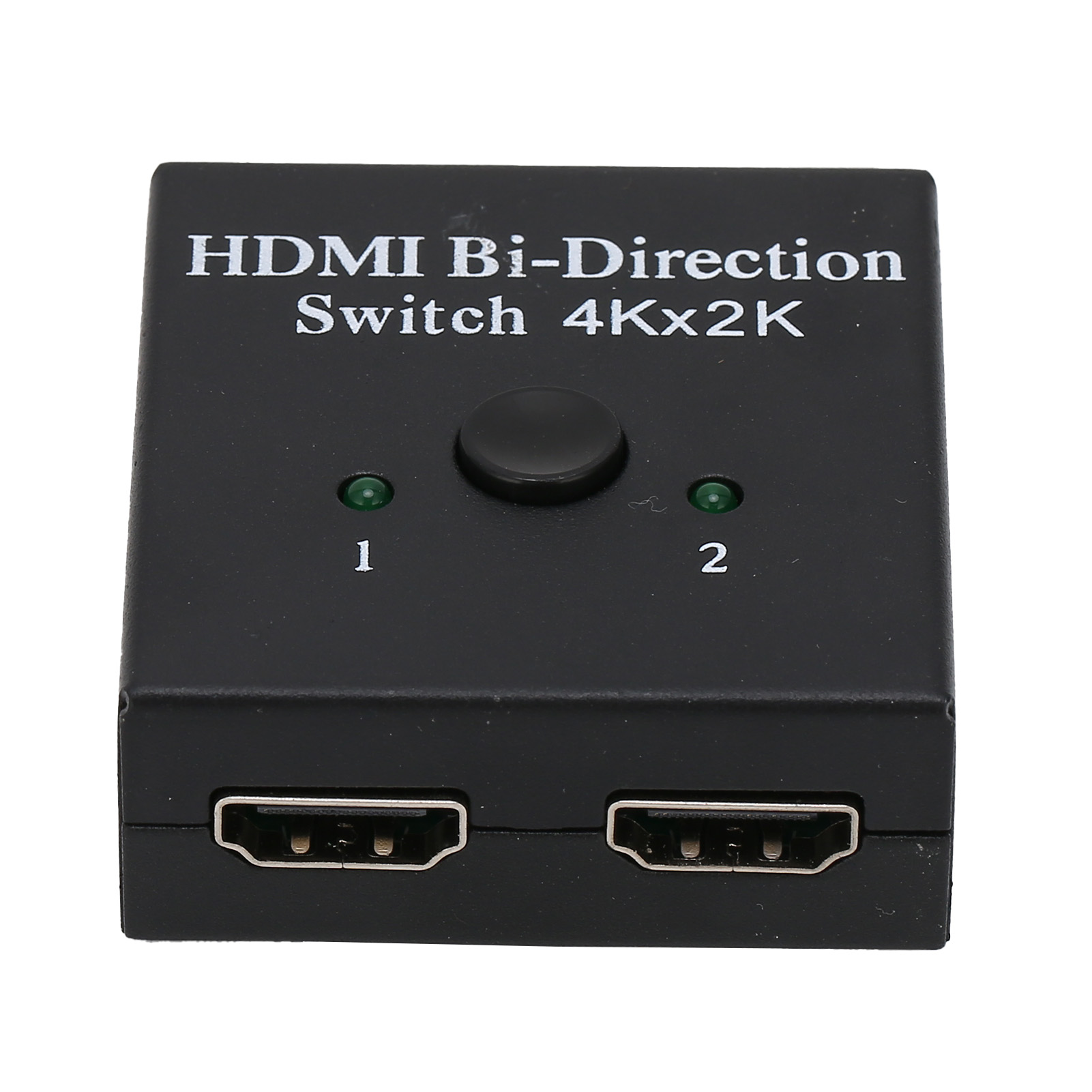 Schwarzer HDMI Bi-Direction-Schalter. Er hat eine Taste, zwei Lichter und zwei HDMI-Anschlüsse. Oben steht '4Kx2K'.