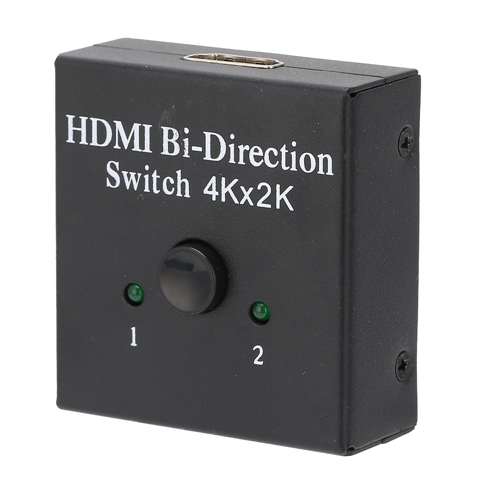 Schwarzer HDMI-Bidirektional-Switch. Mit Knopf, zwei grünen Lichtern und weißem Text. Liest 4Kx2K.