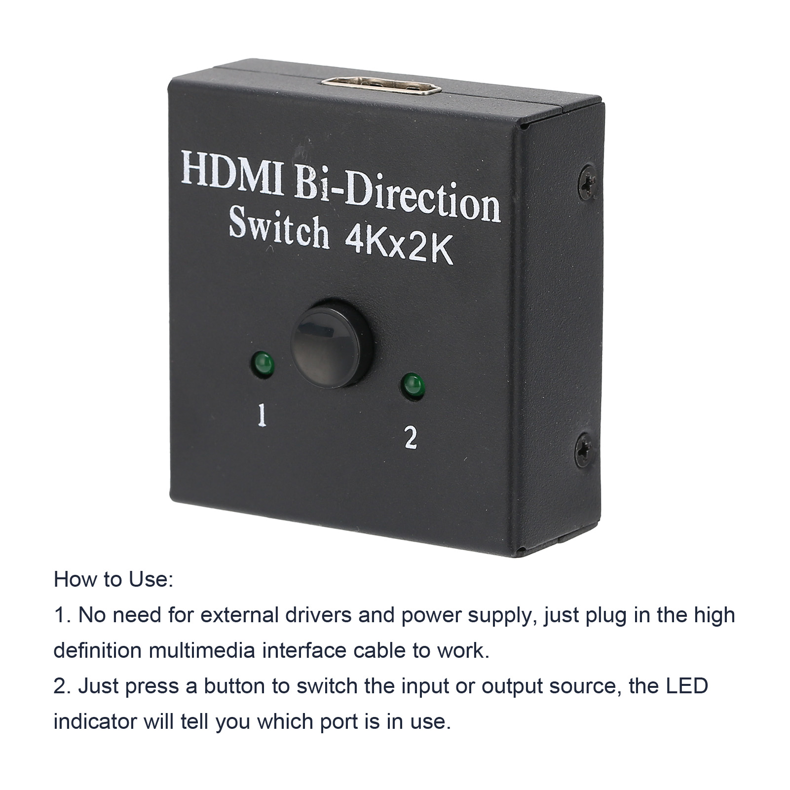 Schwarzer HDMI-Bi-Direktional-Schalter. Er hat eine Taste, zwei grüne Lichter und den Text '4Kx2K'.