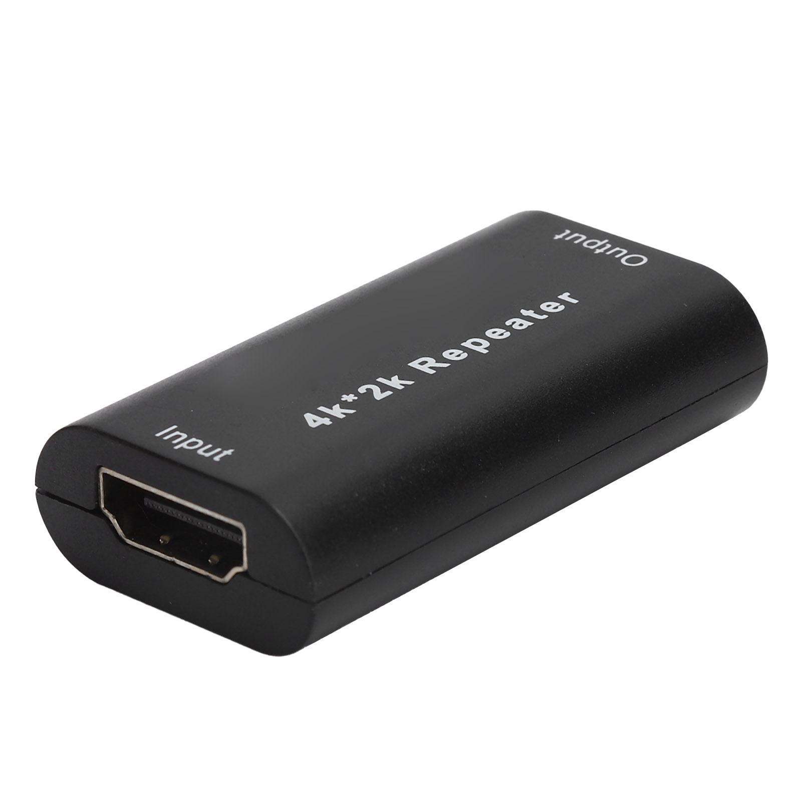 Ein schwarzer 4K*2k-Repeater mit HDMI-Anschlüssen, beschriftet mit 'Input' und 'Output'. Weißer Text kennzeichnet die Funktion.