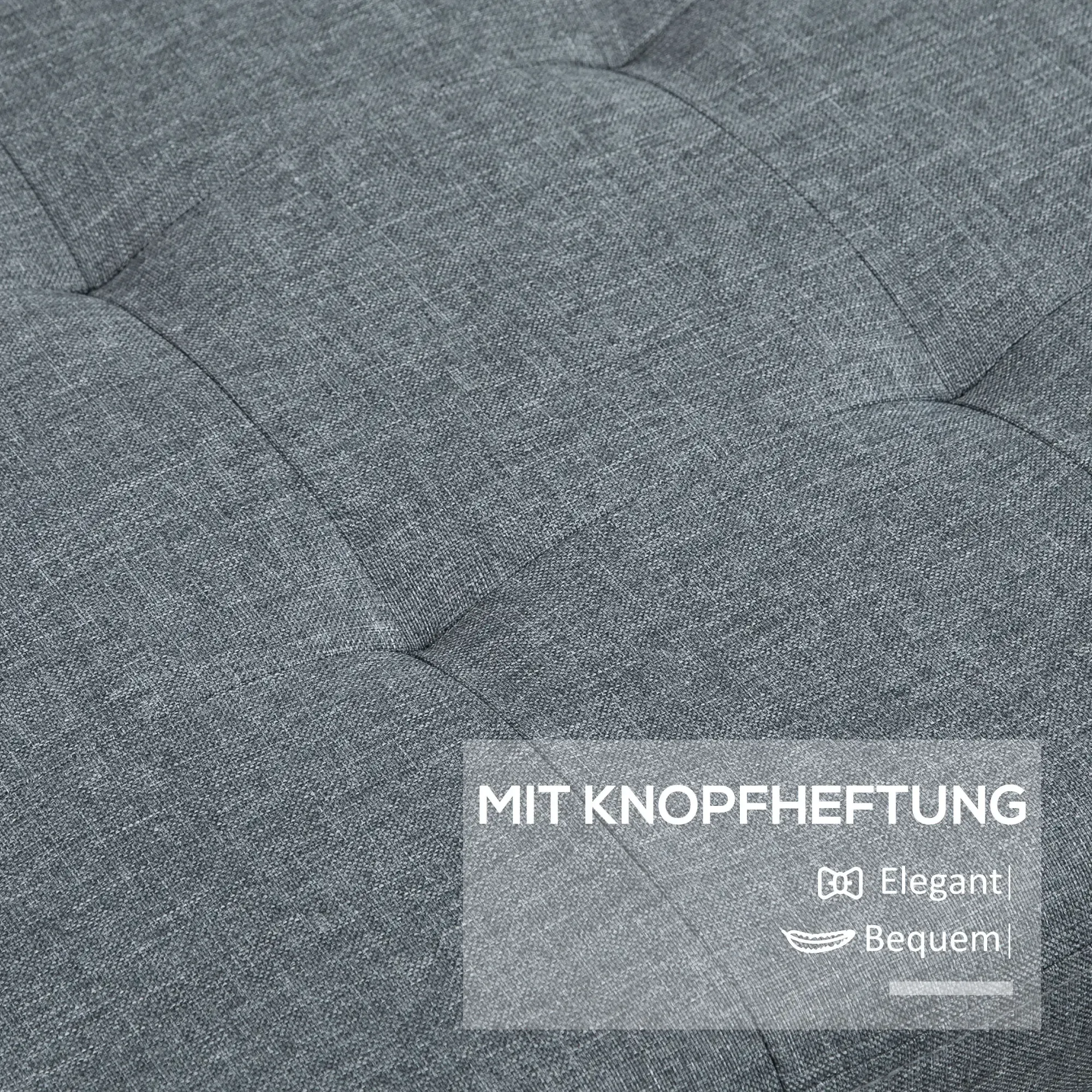Nahaufnahme eines grauen Stoffes mit Knopfheftung. Text-Overlay: „MIT KNOPFHEFTUNG“, „Elegant“, „Bequem“.