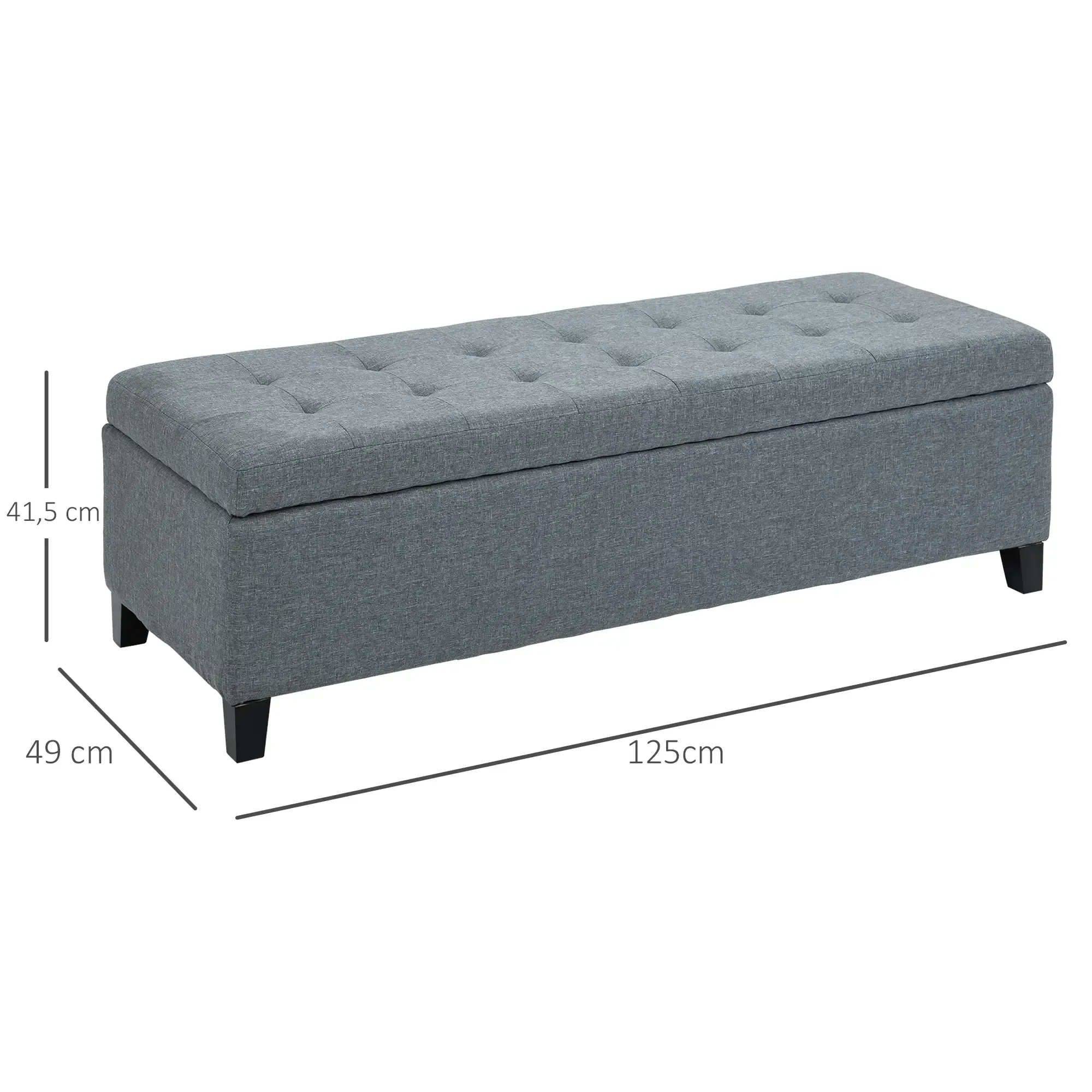 Eine graue, gepolsterte Sitzbank mit getufteter Oberseite. Maße: 125 cm lang, 49 cm breit und 41,5 cm hoch. Schwarze Beine.