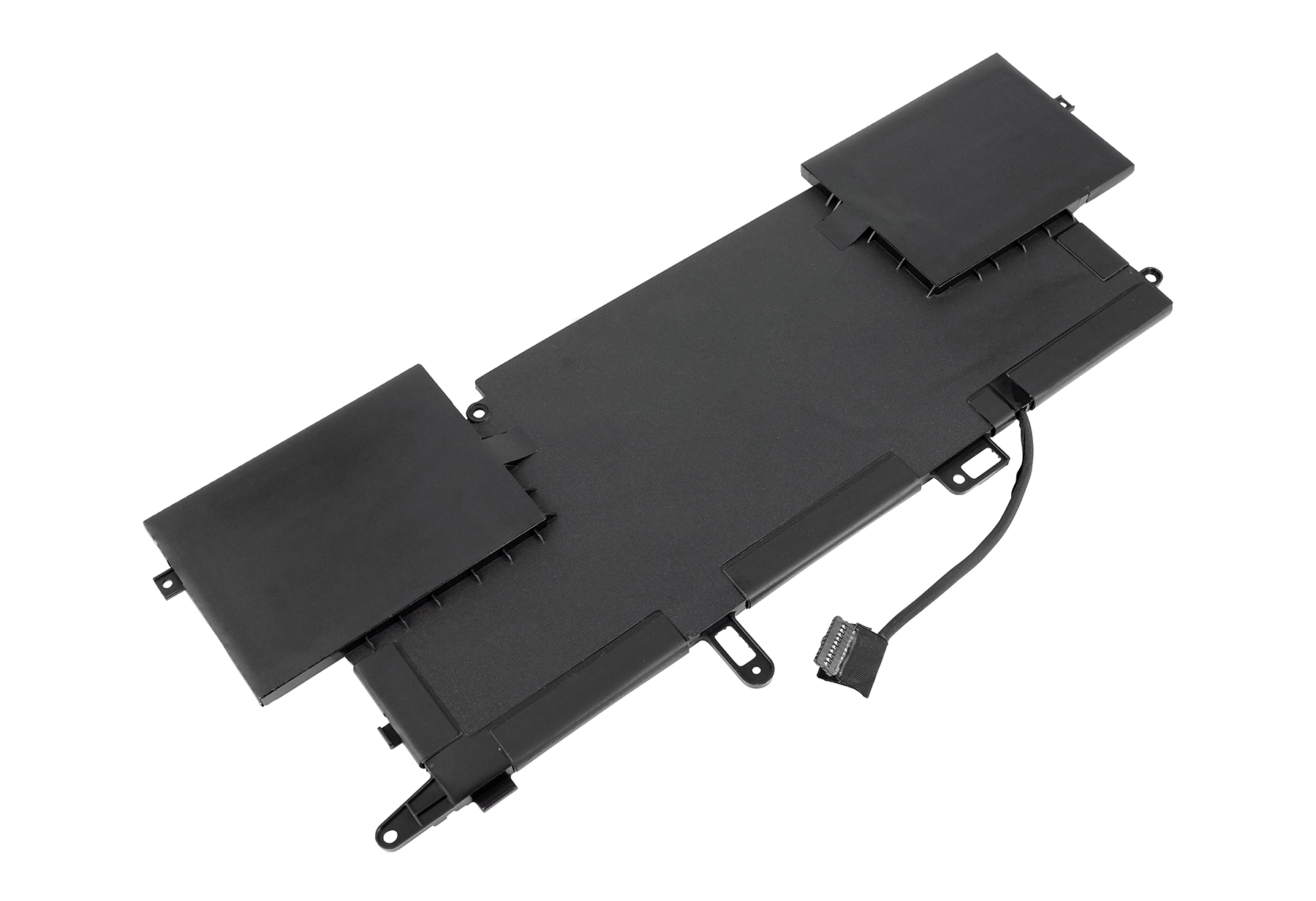 Batteria nera per laptop su sfondo bianco. Ha due componenti attaccati e un cavo con connettore.