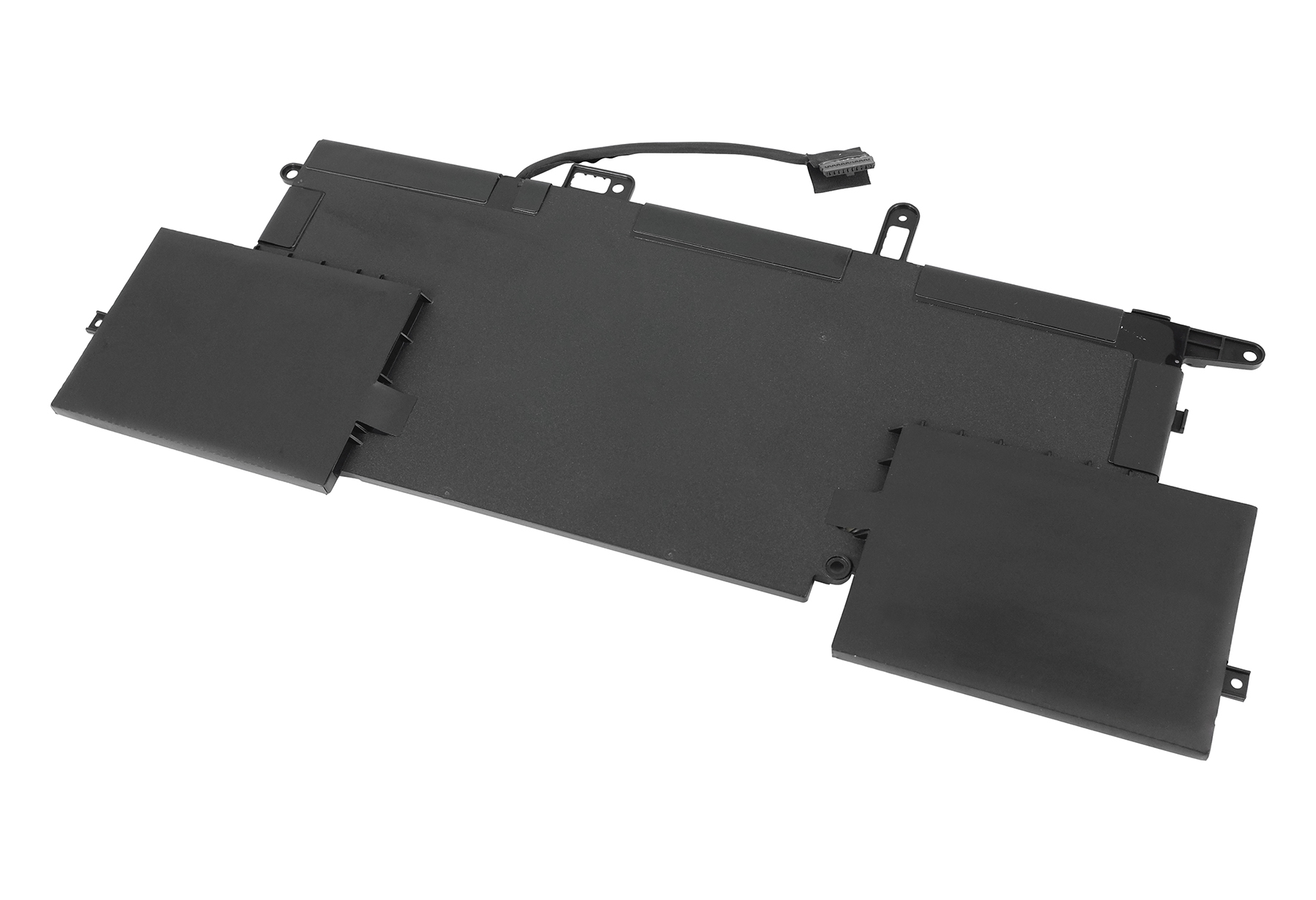 Una batteria nera per laptop con più sezioni e un cavo di collegamento, su sfondo bianco.