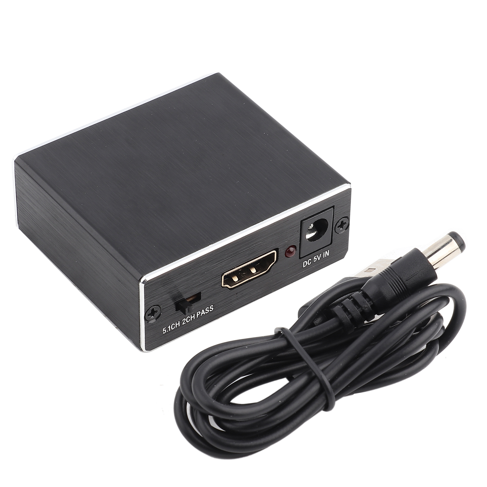 Ein schwarzer HDMI-Konverter mit Netzkabel. Die Box hat einen HDMI-Anschluss, einen DC-Eingang und einen Schalter.