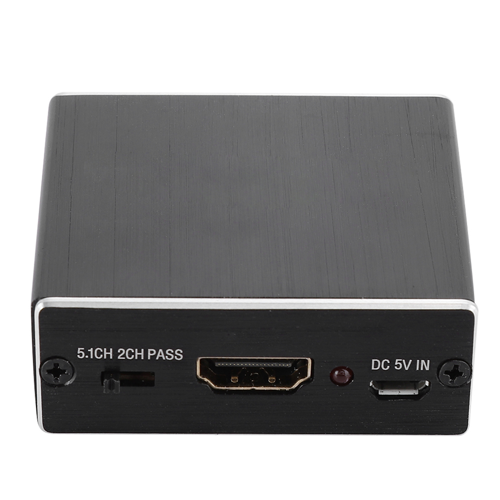 Ein schwarzer HDMI-Konverterkasten mit Anschluss, Stromeingang und Schalter, mit Beschriftungen.