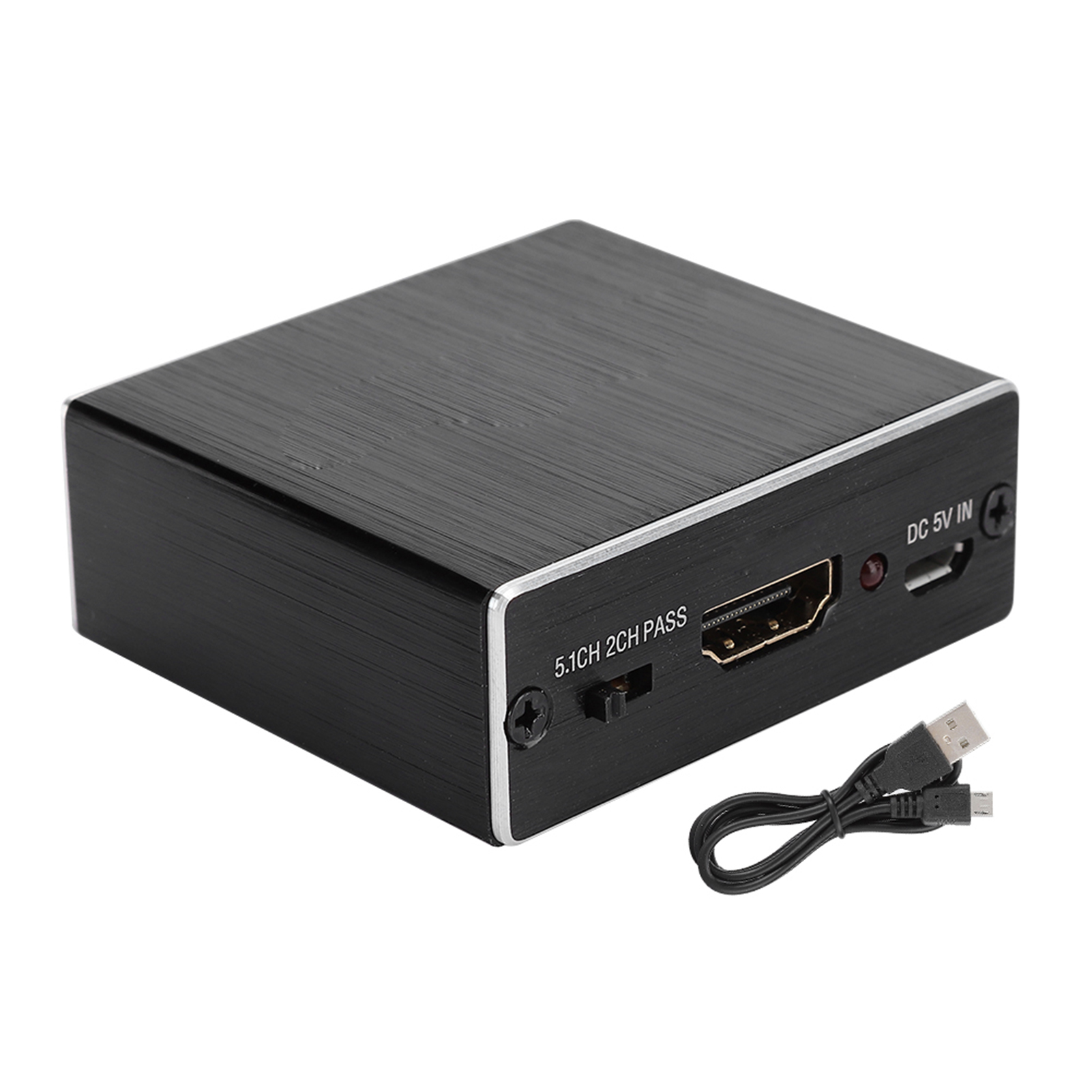 Schwarzer HDMI-Konverter mit silberner Zierleiste. Daneben befindet sich ein USB-Kabel. Es hat Anschlüsse und Knöpfe an der Seite.