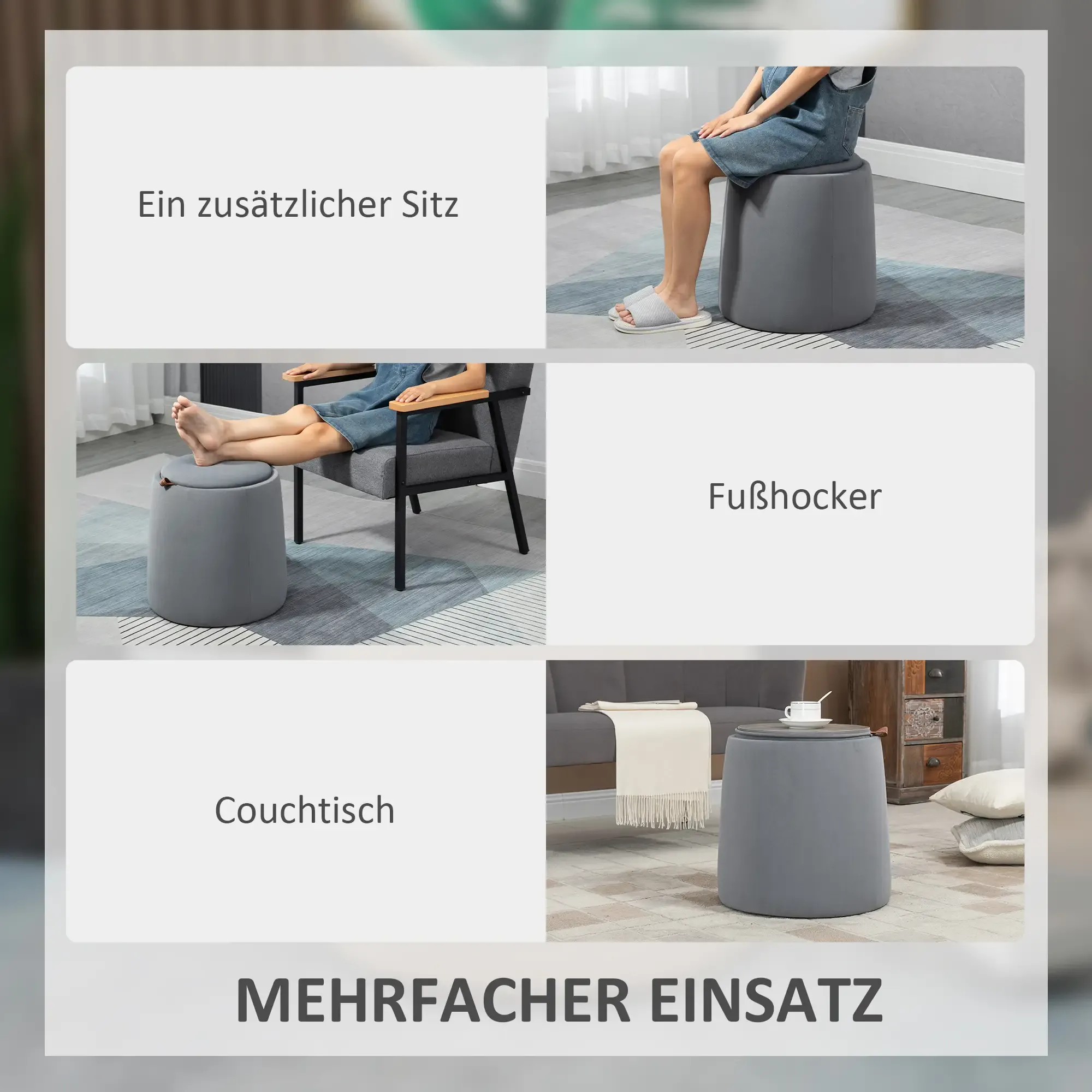 Das Bild zeigt einen grauen Fußhocker, der als Sitz, Fußstütze und Couchtisch genutzt wird. Es hat mehrere Verwendungszwecke, mit Leuten, die darauf sitzen.