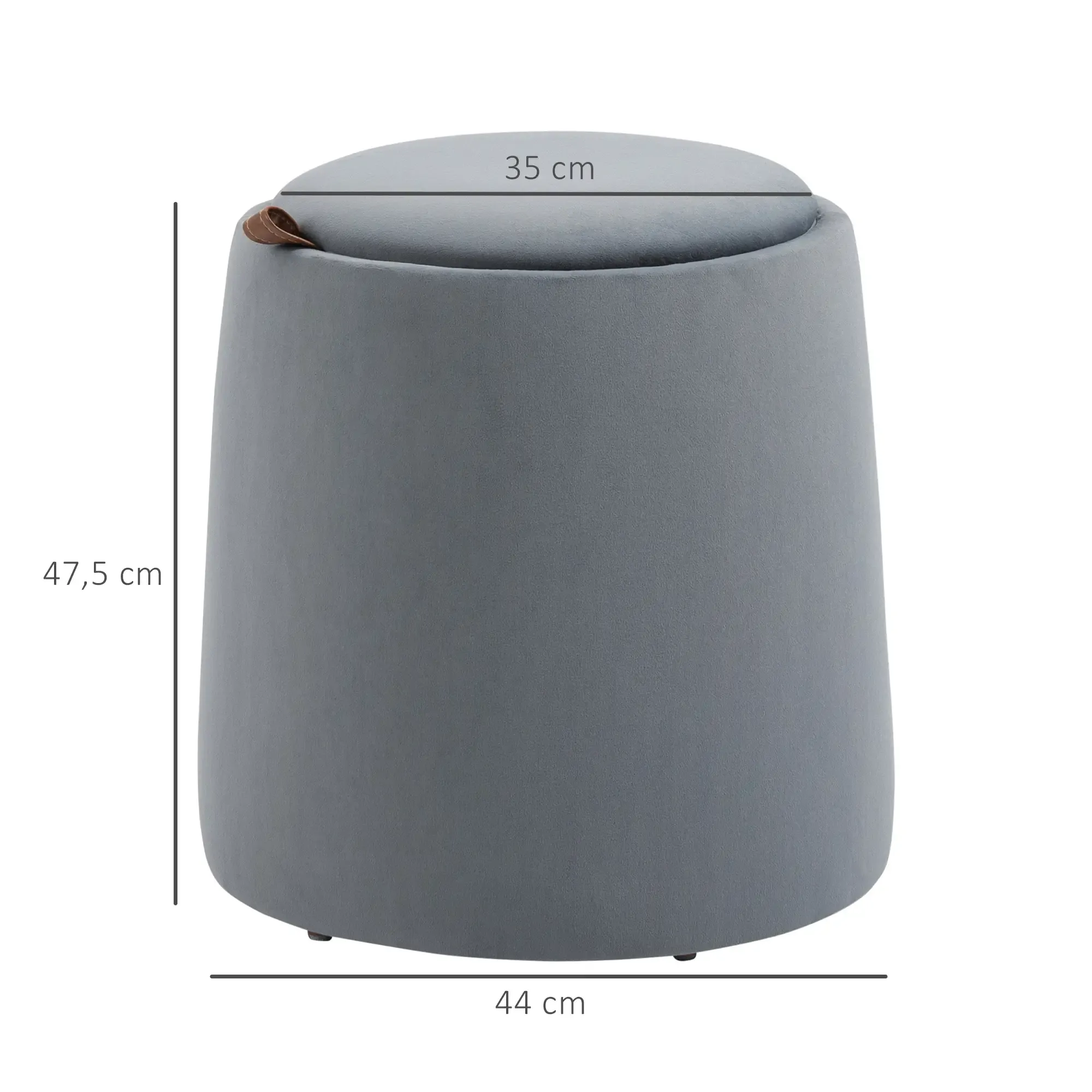 Ein grauer, zylindrischer Hocker, 47,5 cm hoch und 44 cm breit an der Basis, mit einer 35 cm großen Oberseite. Ein Lederband ist angebracht.
