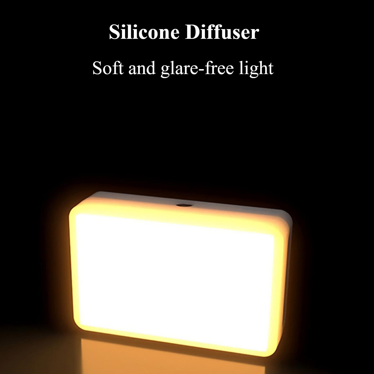 Ein leuchtender rechteckiger Silikondiffusor vor schwarzem Hintergrund. Der Text oben lautet 'Silikon Diffusor'.