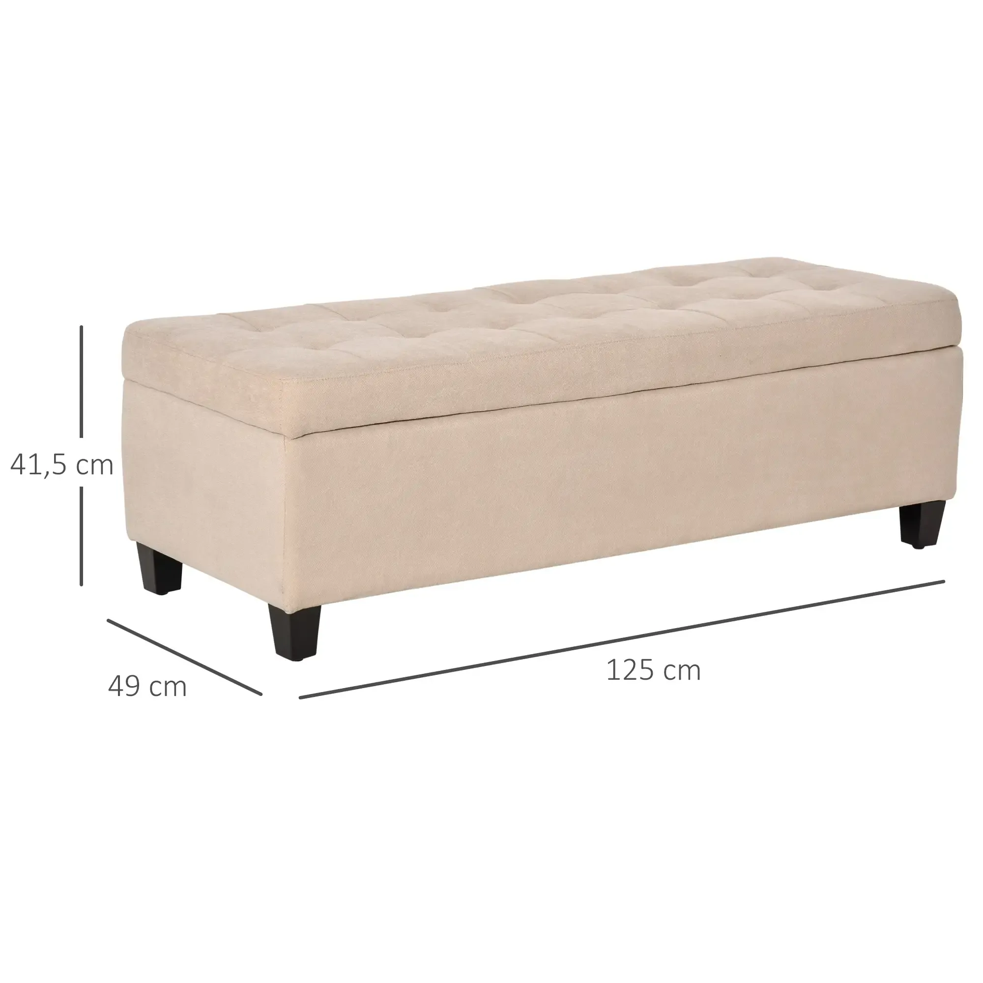 Beige rechteckige Aufbewahrungsbank mit getufteter Oberseite und schwarzen Beinen. Maße: 41,5 cm hoch, 49 cm breit und 125 cm lang.
