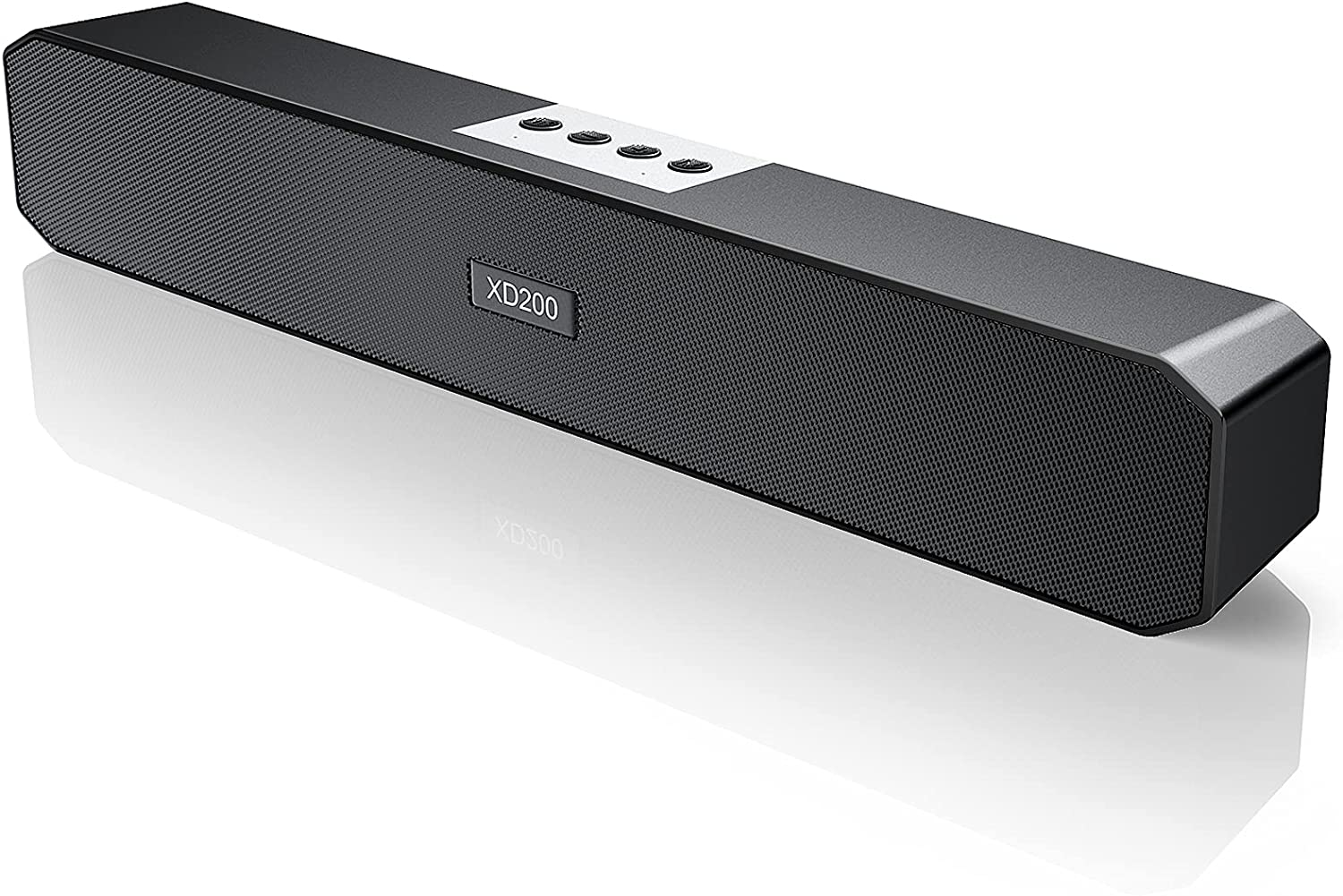Eine schwarze Soundbar mit der Aufschrift "XD200" auf der Vorderseite. Sie liegt auf einer reflektierenden weißen Oberfläche.