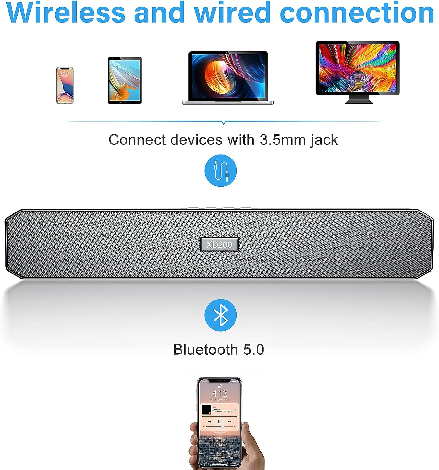 Das Bild zeigt eine Soundbar und verbundene Geräte. Es hebt drahtlose und kabelgebundene Verbindungen, Bluetooth 5.0 und einen 3,5-mm-Anschluss hervor.