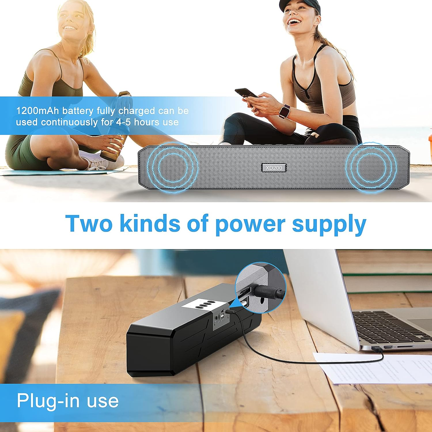 Das Bild zeigt zwei Frauen, einen Lautsprecher und die Verwendung des Steckers. Text: 1200mAh Akku für 4-5 Stunden. 'Zwei Arten der Stromversorgung' und 'Plug-in-Nutzung'.