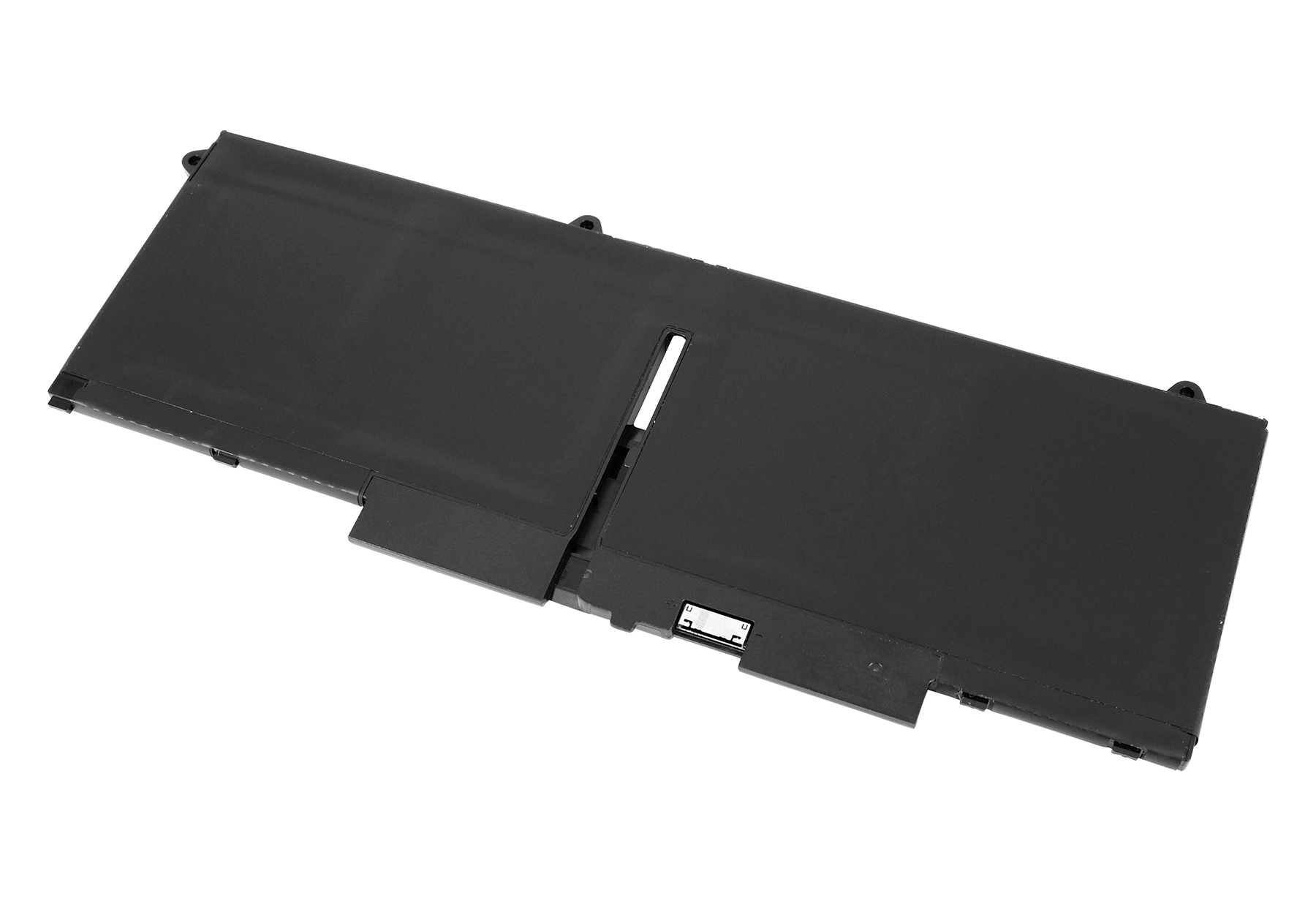 Una batteria nera per laptop su sfondo bianco. La batteria è rettangolare con piccoli elementi sporgenti.