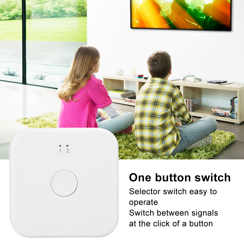 Zwei Kinder sitzen auf einem grünen Teppich und sehen fern. Ein weißer Knopfschalter befindet sich im Vordergrund. Text lautet 'One button switch'.
