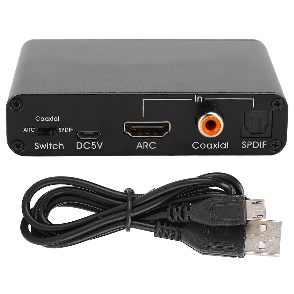 Schwarzes Gerät mit Ein-/Ausgängen: Koaxial, SPDIF, HDMI, DC5V. Schwarzes Kabel mit USB- und Micro-USB-Anschlüssen.