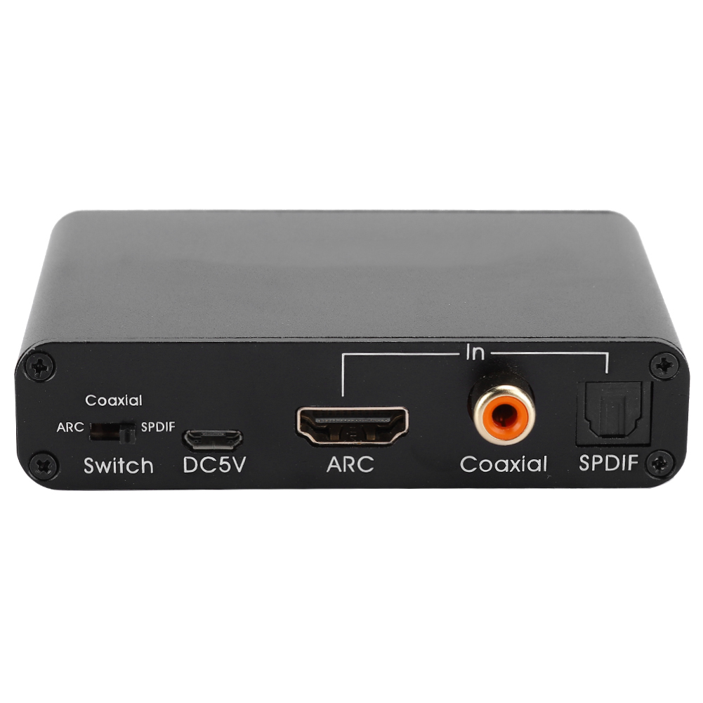 Ein schwarzer Audio-Konverter mit verschiedenen Ein-/Ausgängen: Koaxial, SPDIF, DC5V, ARC. Enthält einen Schalter und einen Stromeingang.