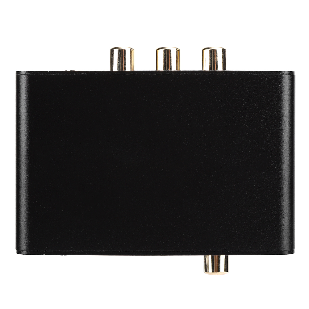 Ein schwarzes rechteckiges elektronisches Gerät mit goldfarbenen Anschlüssen oben und unten, vor weißem Hintergrund.