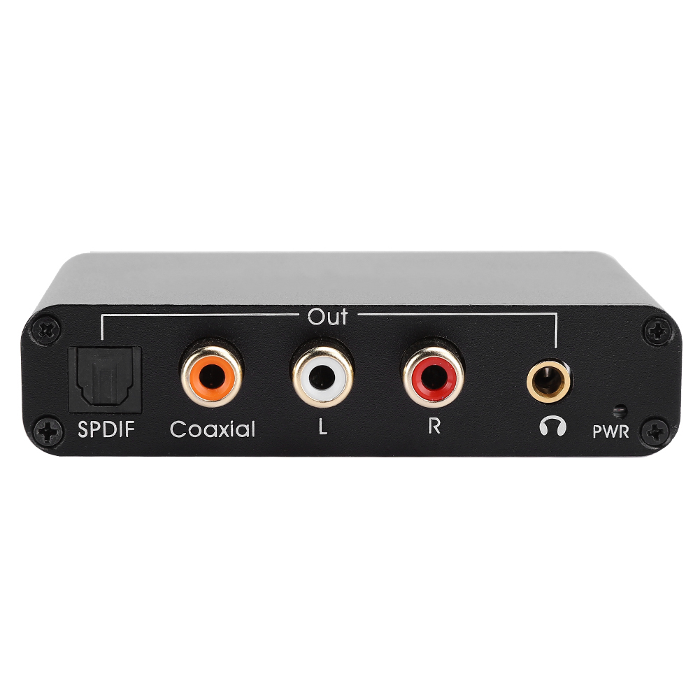 Schwarzes Audiogerät mit verschiedenen Ein-/Ausgängen: SPDIF, Koaxial, L, R, Kopfhörer und Strom. Schrauben sichern das Gerät.