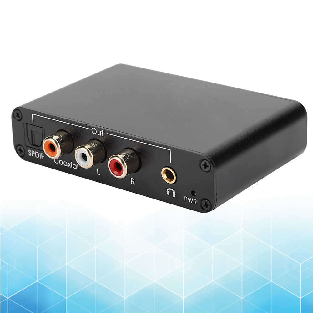 Schwarzer Audio-Konverter mit mehreren Ein-/Ausgangsanschlüssen, darunter SPDIF, Koaxial und Cinch. PWR- und Kopfhöreranschluss sind ebenfalls sichtbar.