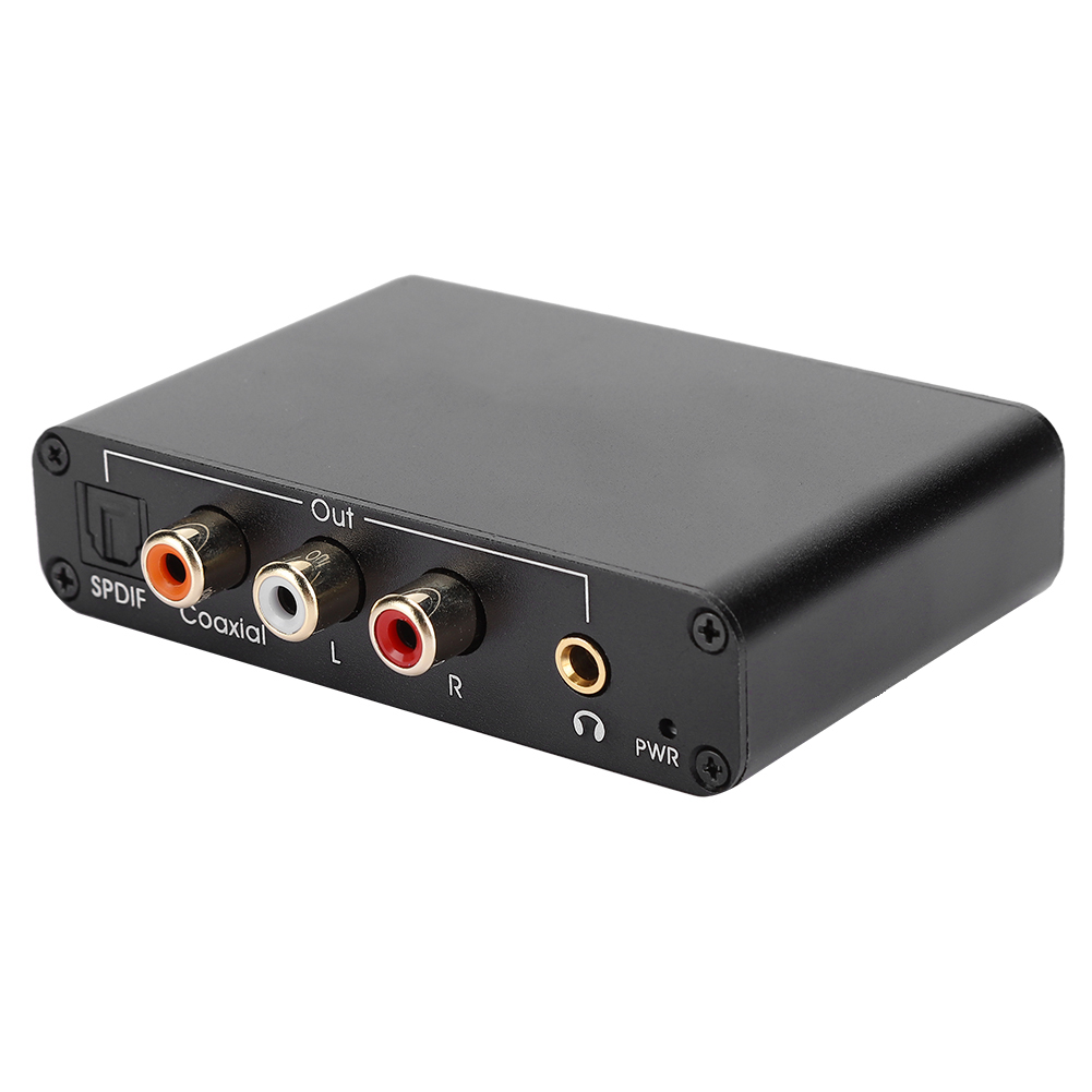 Ein schwarzer Audio-Konverter mit mehreren Ein-/Ausgangsanschlüssen, beschriftet mit SPDIF, Koaxial, L, R und Kopfhöreranschluss.