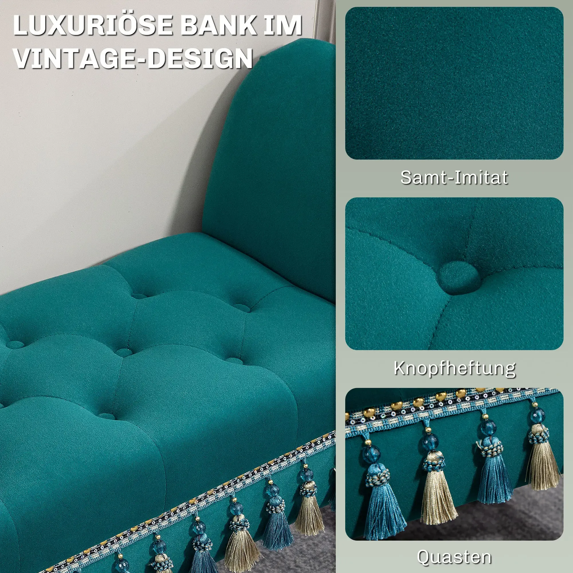 Türkisfarbene Bank im Vintage-Stil mit getufteter Sitzfläche und Rückenlehne. Nahaufnahmen zeigen samtartigen Stoff, Knopfheftung und Quasten.