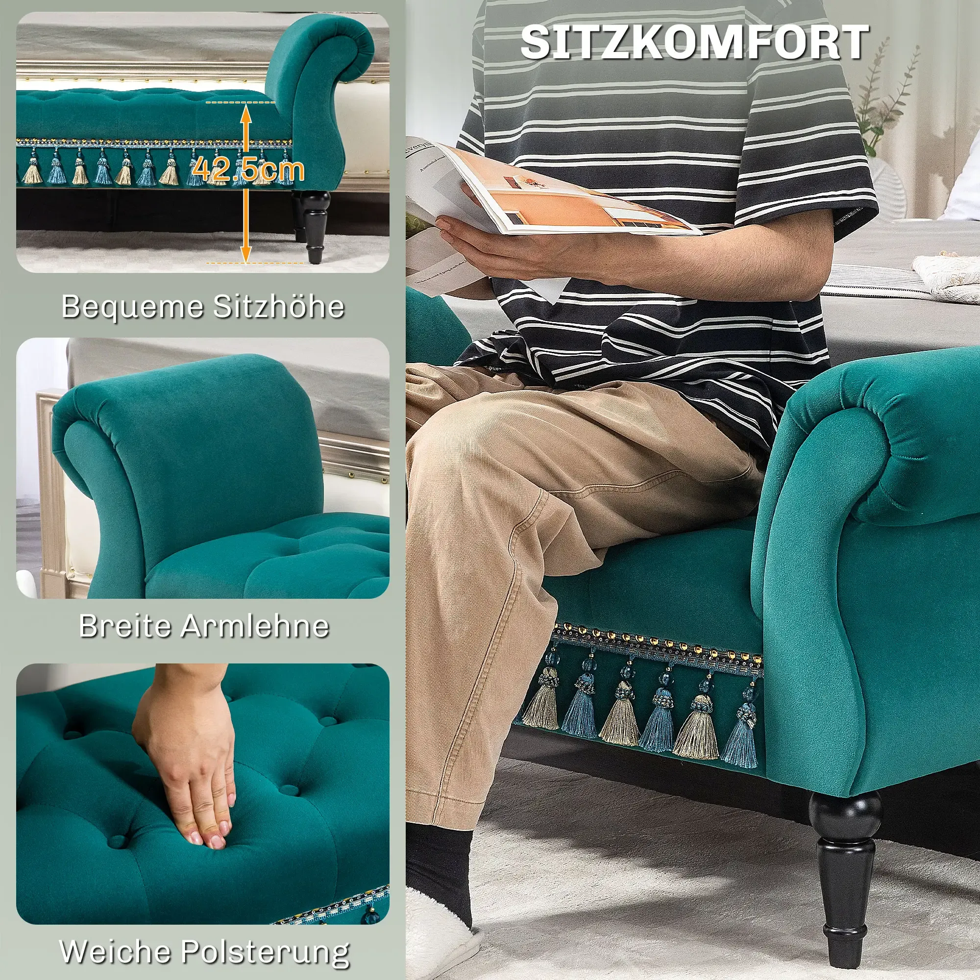 Eine Person sitzt auf einer tealfarbenen Bank und liest eine Zeitschrift. Die Bank hat einen getufteten Sitz und Quasten. Der Hintergrund ist ein Zimmer.