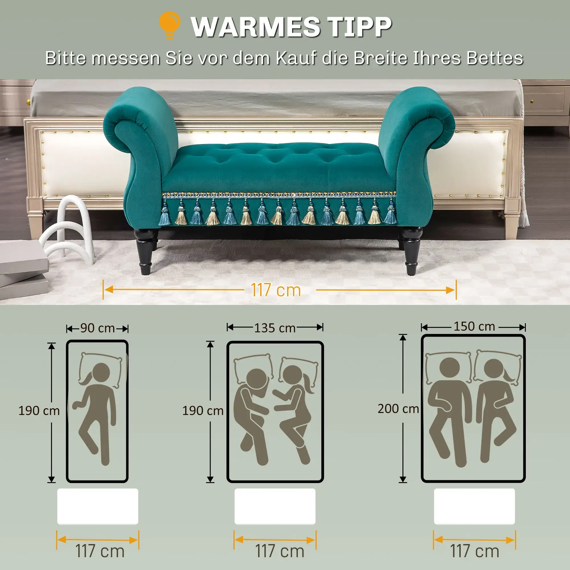 Das Bild zeigt eine türkisfarbene Samtbank mit Quasten vor einem Bett, mit Diagrammen, die Bettgrößen angeben.