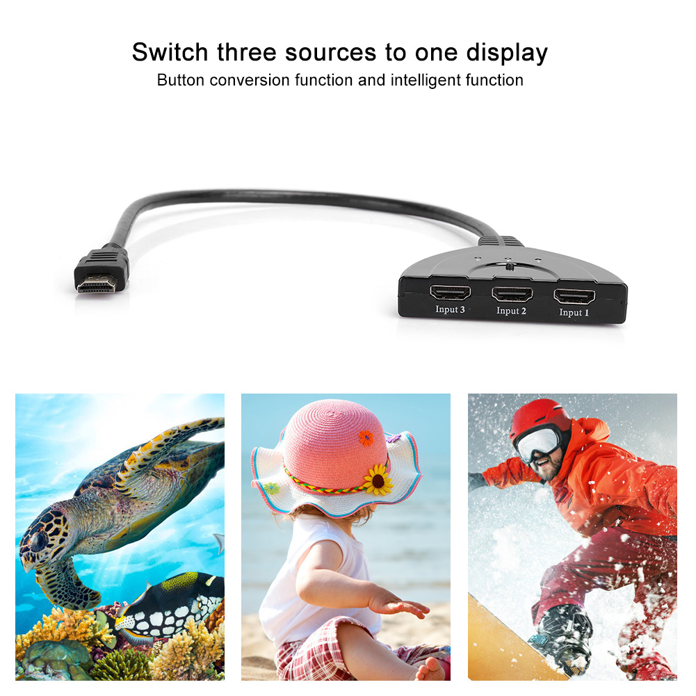 Ein HDMI-Switch mit drei Eingängen. Darunter sind Bilder einer Schildkröte, eines Kindes mit Hut und eines Snowboarders.
