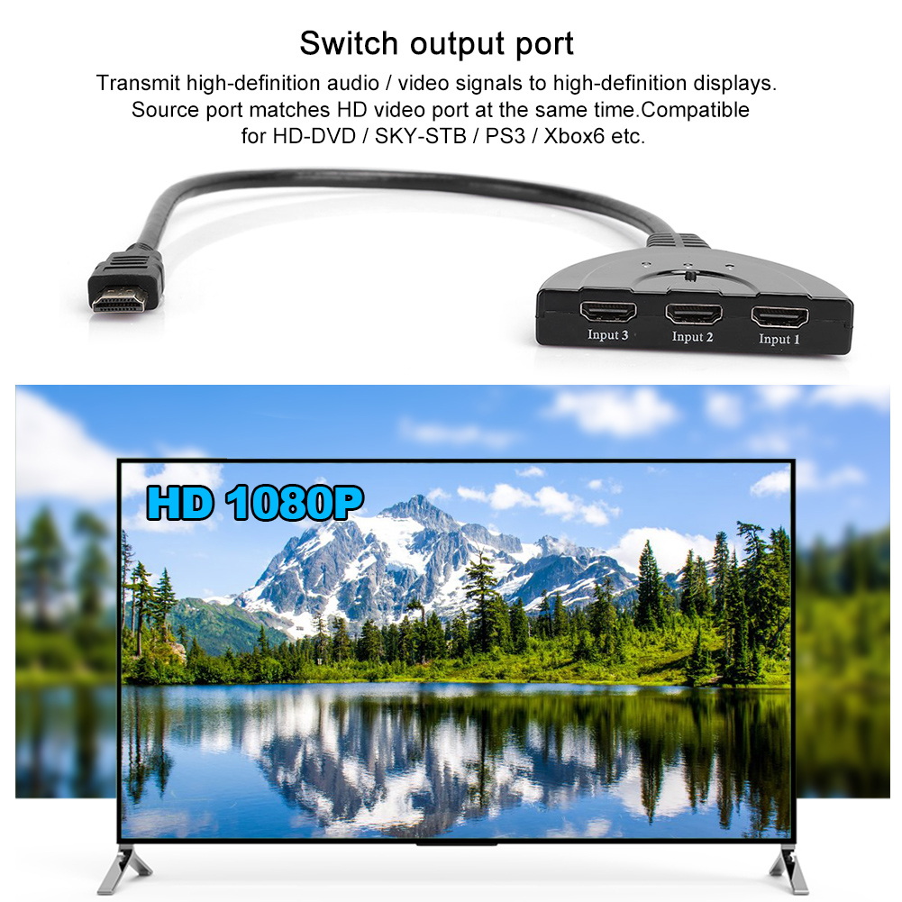 Ein HDMI-Switch mit angeschlossenem Kabel und einem Fernseher, der eine Bergseeszene mit HD 1080P anzeigt.