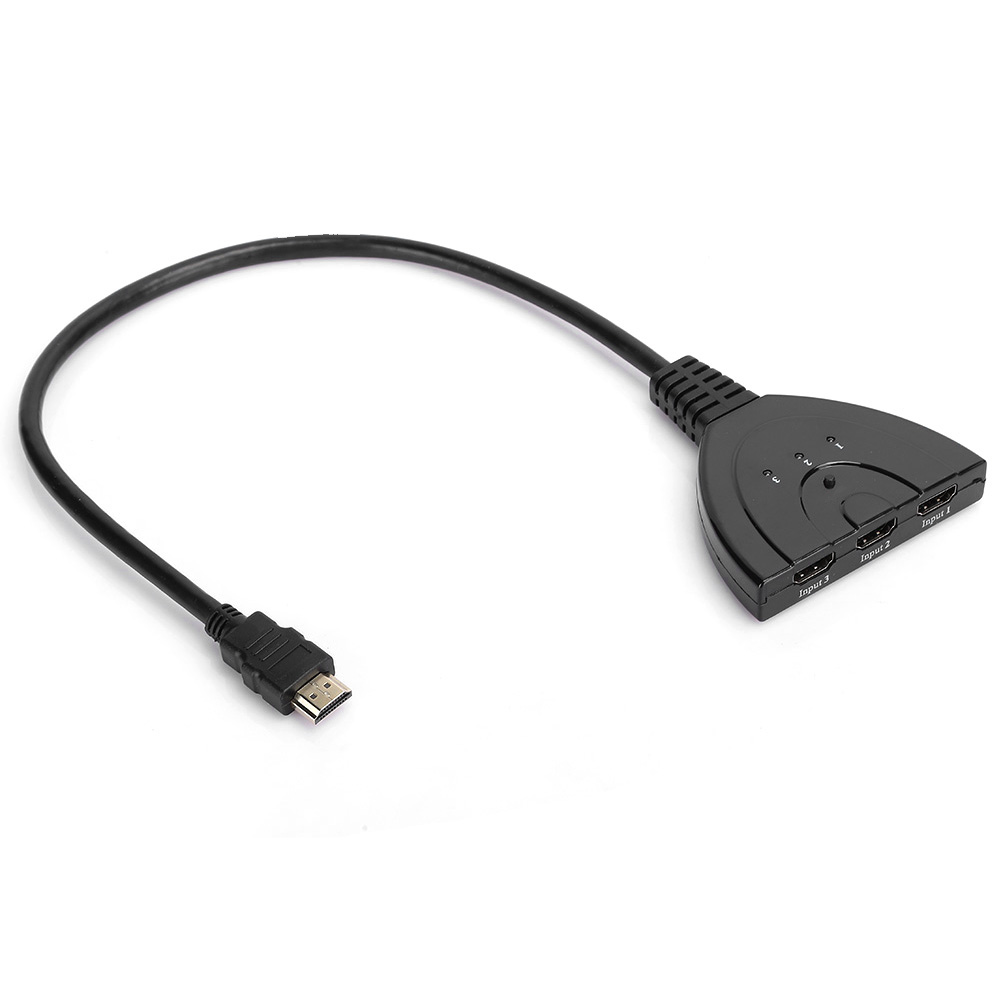 Ein schwarzer HDMI-Splitter mit schwarzem Kabel und Stecker. Er hat drei Eingangsanschlüsse mit den Bezeichnungen 1, 2 und 3.