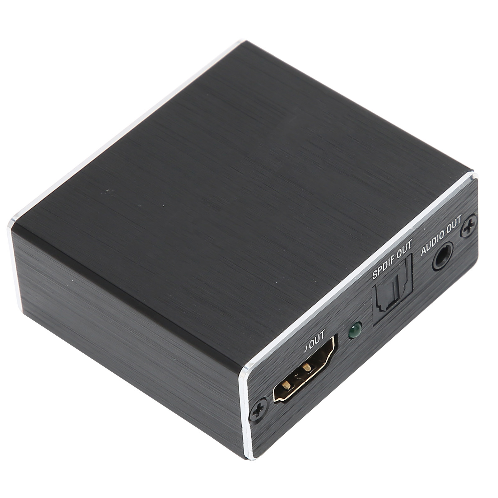 Ein schwarzes rechteckiges Gerät mit silbernen Kanten. Es hat verschiedene Anschlüsse mit der Bezeichnung HDMI OUT, SPDIF OUT und AUDIO OUT. Ein grünes Licht ist sichtbar.