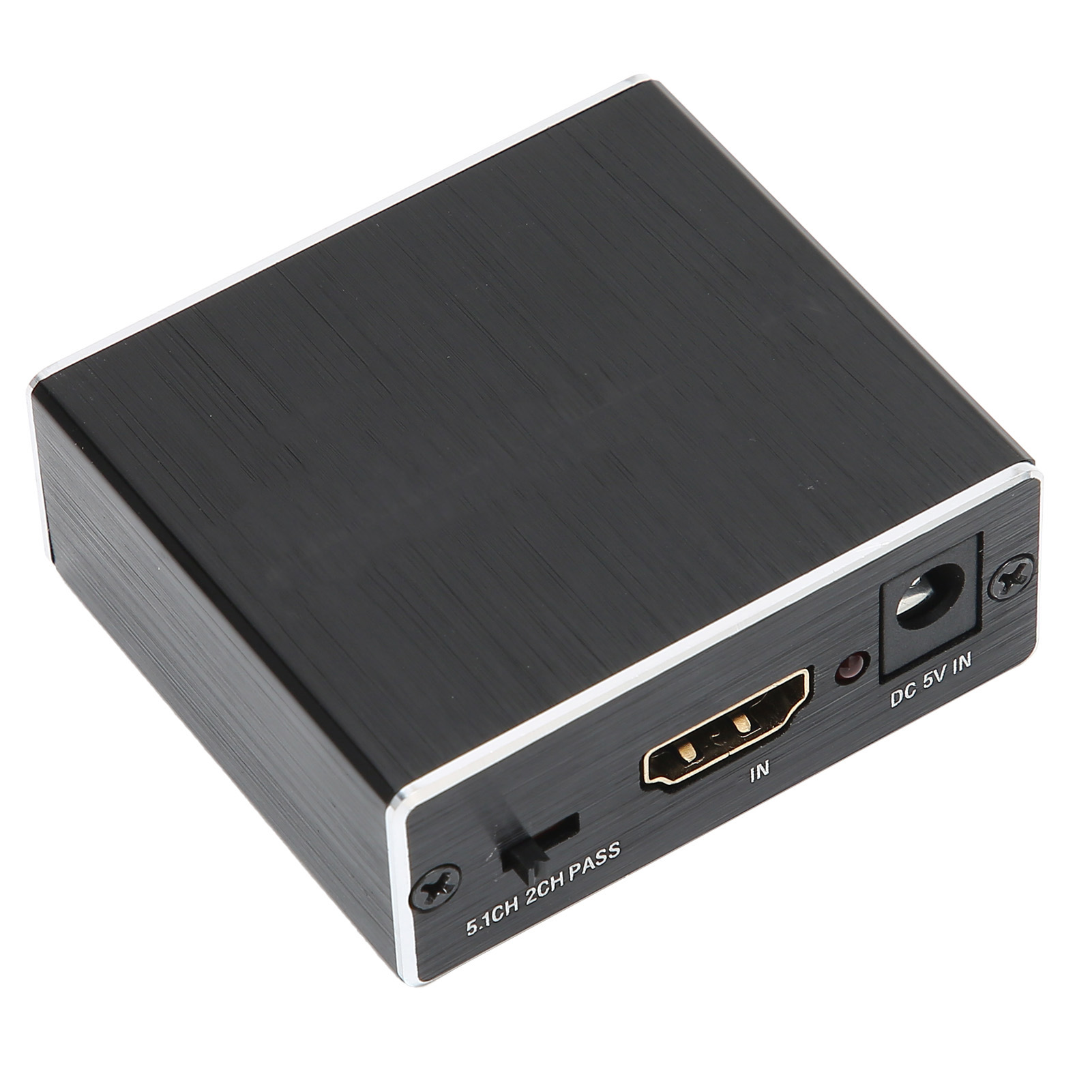 Schwarzes rechteckiges Gerät mit silberner Zierleiste, HDMI-Anschluss und Stromeingang. Text: 'IN' und 'DC 5V IN'.