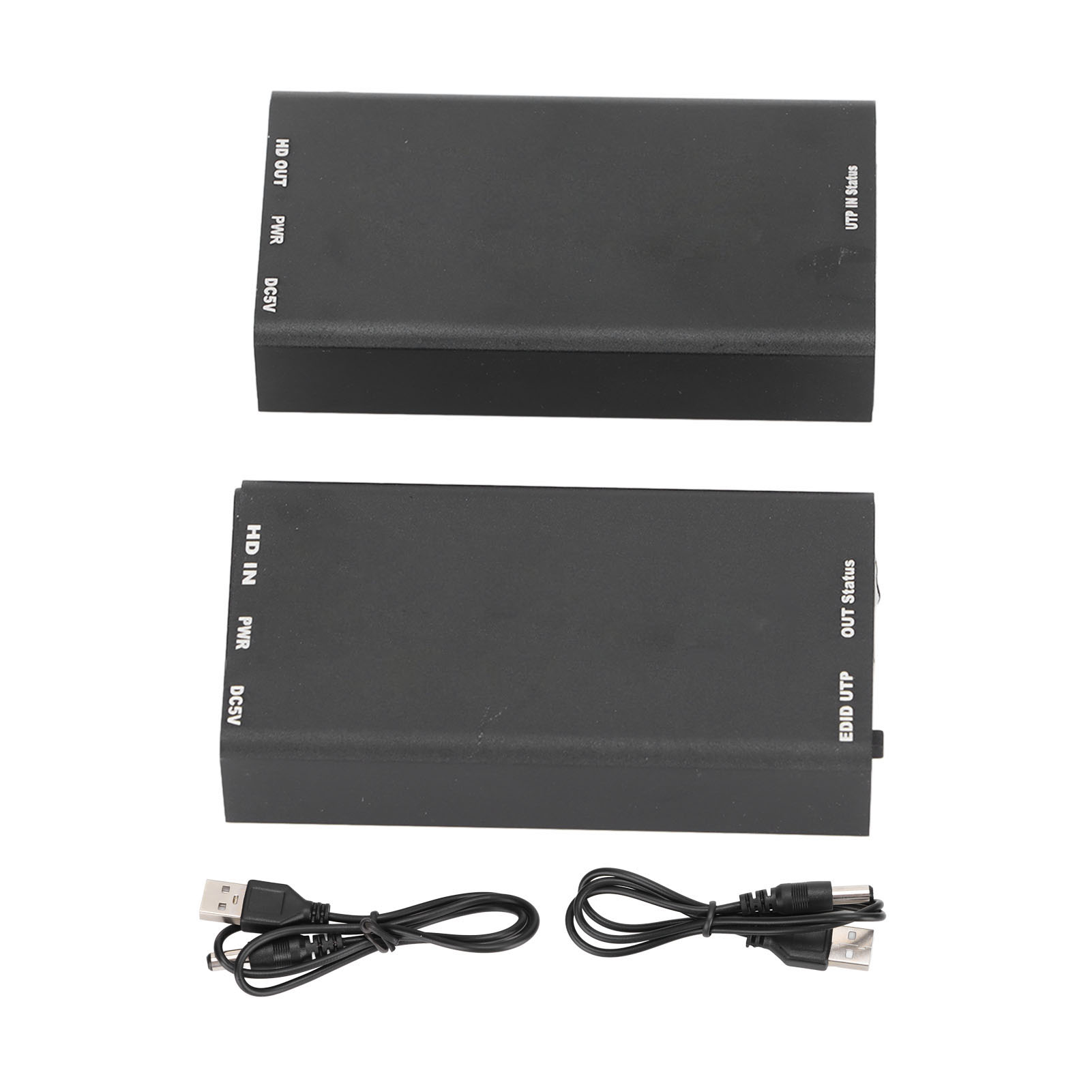 Zwei schwarze Kästen mit Etiketten und Kabeln. Ein Kasten hat HD OUT, PWR, DC5V. Der andere hat HD IN, PWR, DC5V und zwei Kabel.