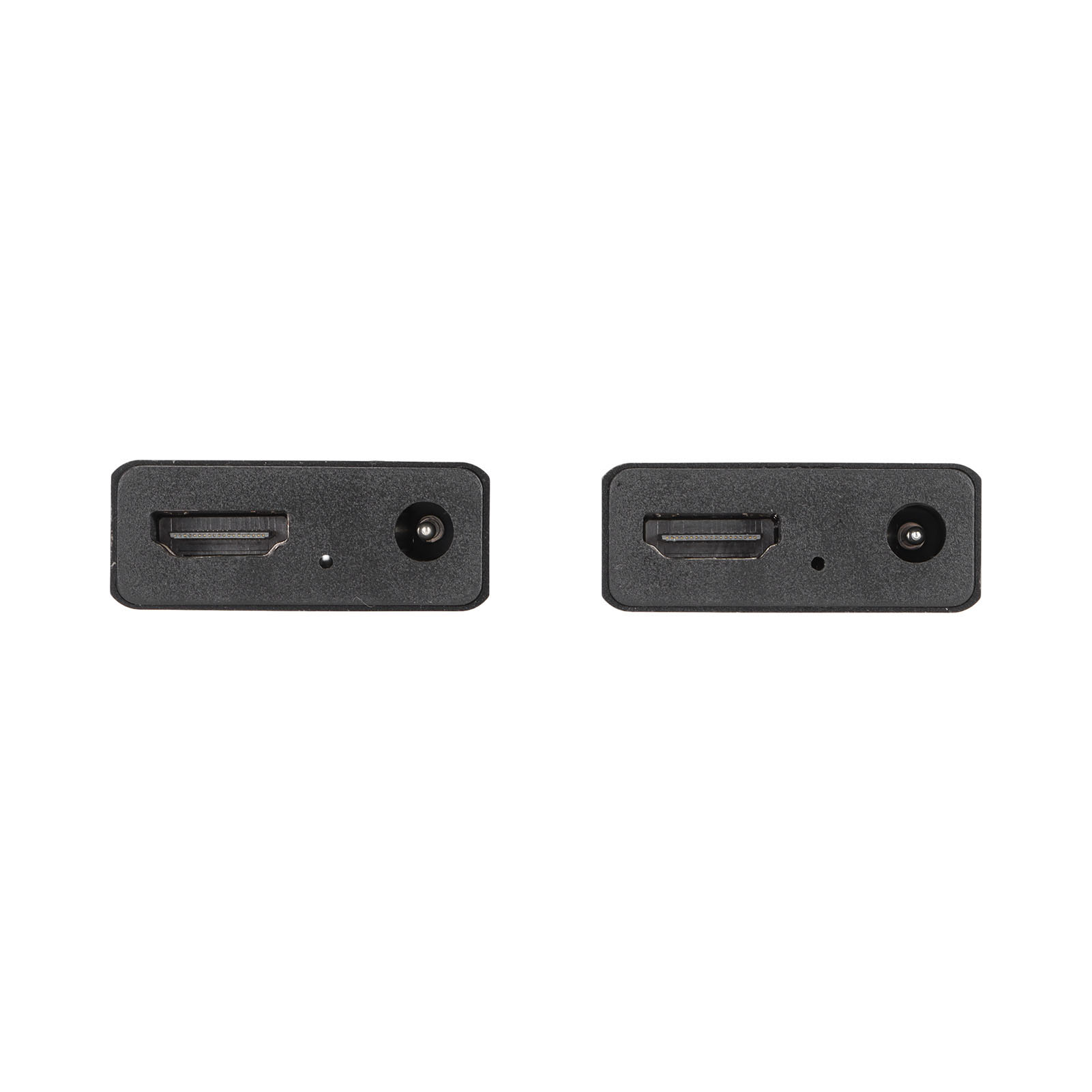 Zwei schwarze, rechteckige Geräte mit HDMI-Anschlüssen und Stromeingängen vor weißem Hintergrund.