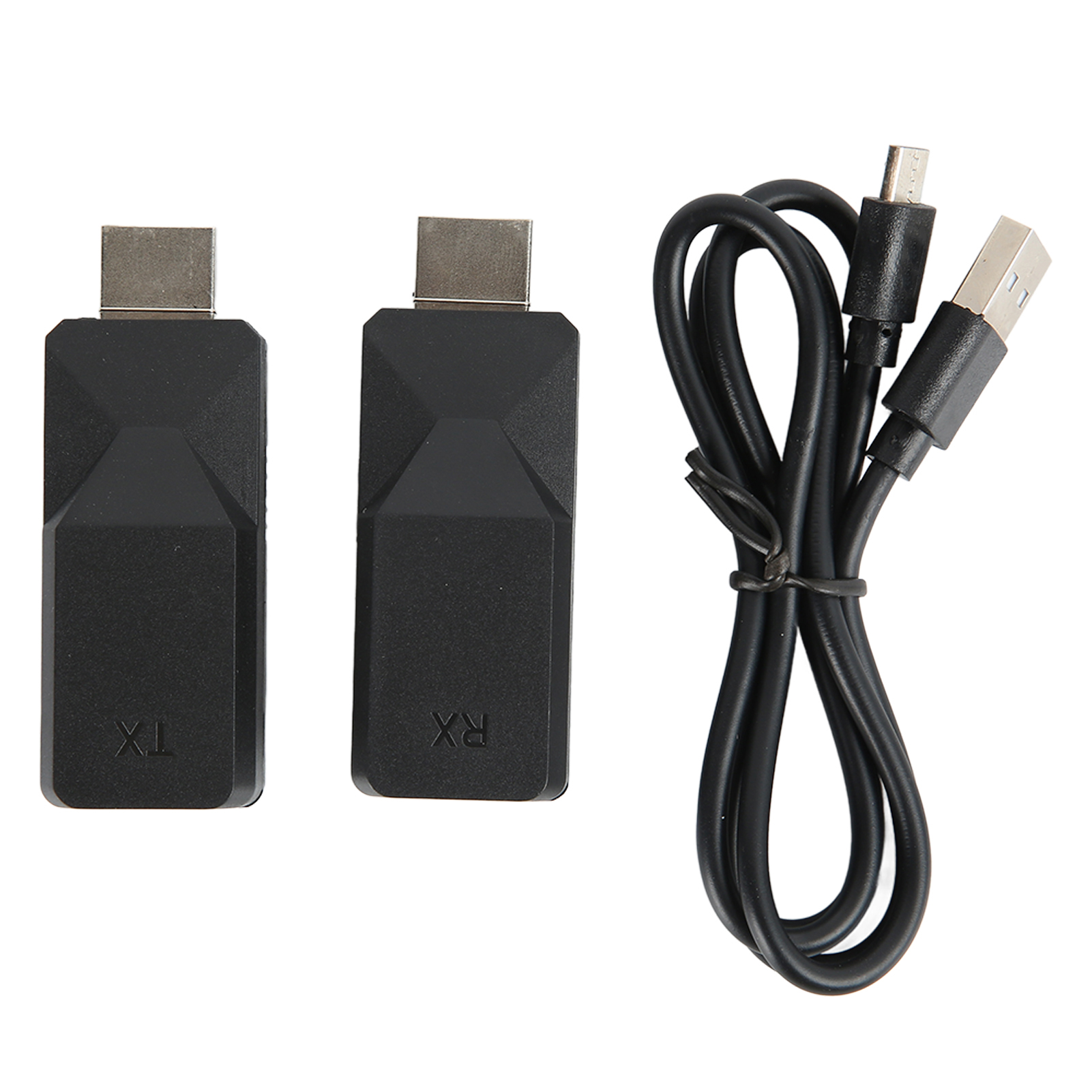 Zwei schwarze HDMI-Sender und ein schwarzes USB-Kabel mit Micro-USB-Ende. Alles auf weißem Hintergrund.