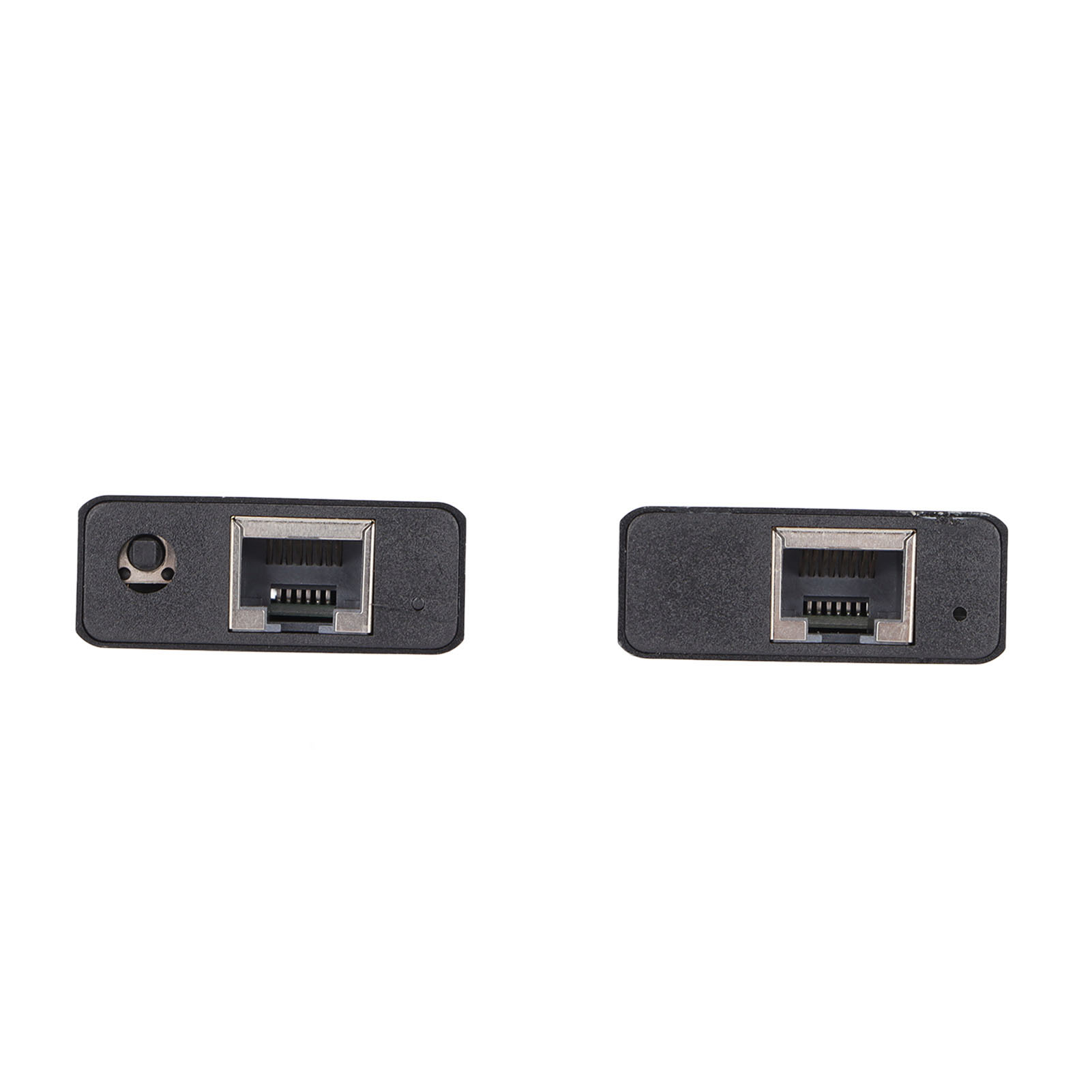 Zwei schwarze Netzwerkanschlüsse mit RJ45-Anschlüssen auf weißem Hintergrund. Einer hat eine Betriebsanzeige.