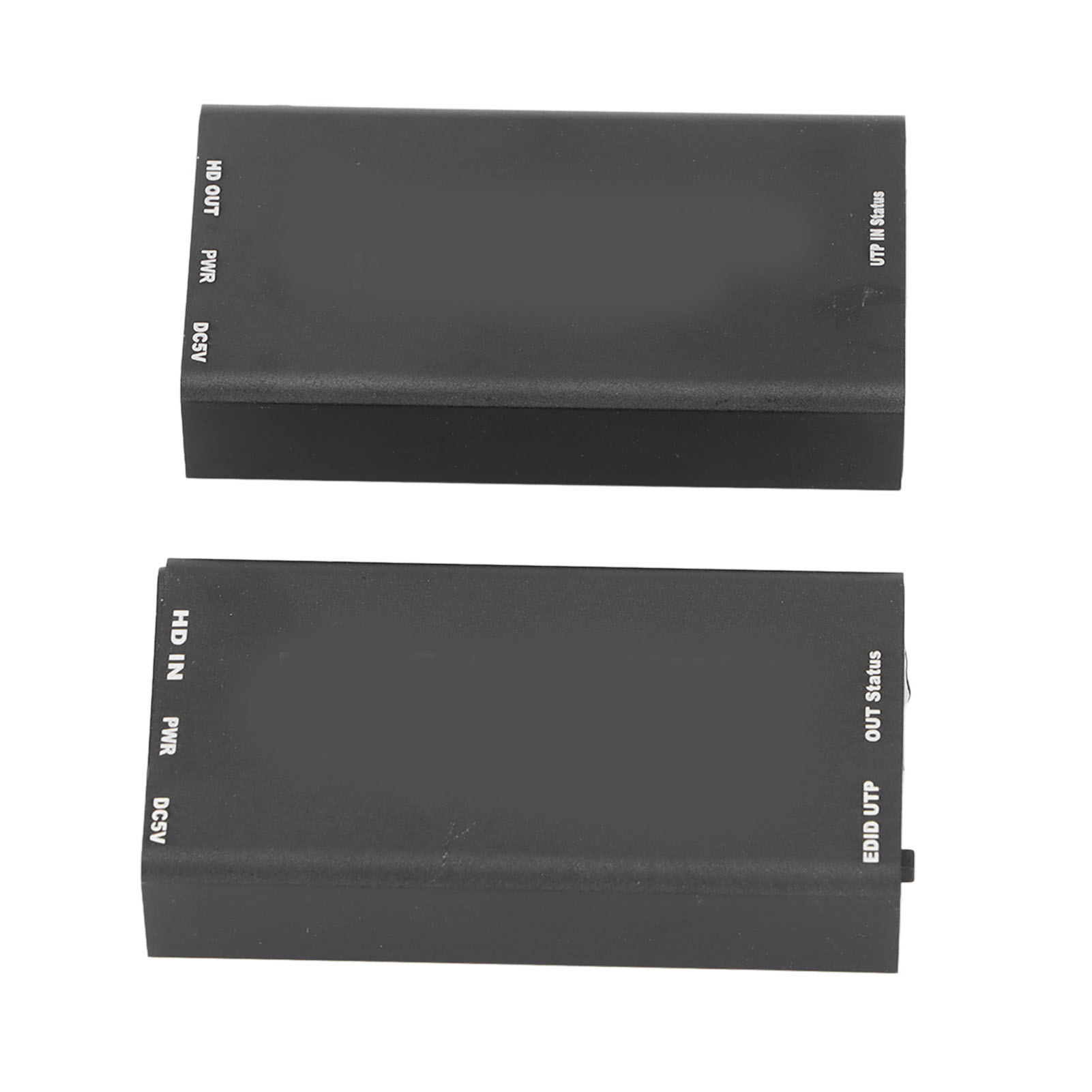 Zwei schwarze rechteckige Geräte. Eines hat die Beschriftung HD OUT, PWR, DC5V und UTP IN Status. Das andere hat HD IN, PWR, DC5V und OUT Status.