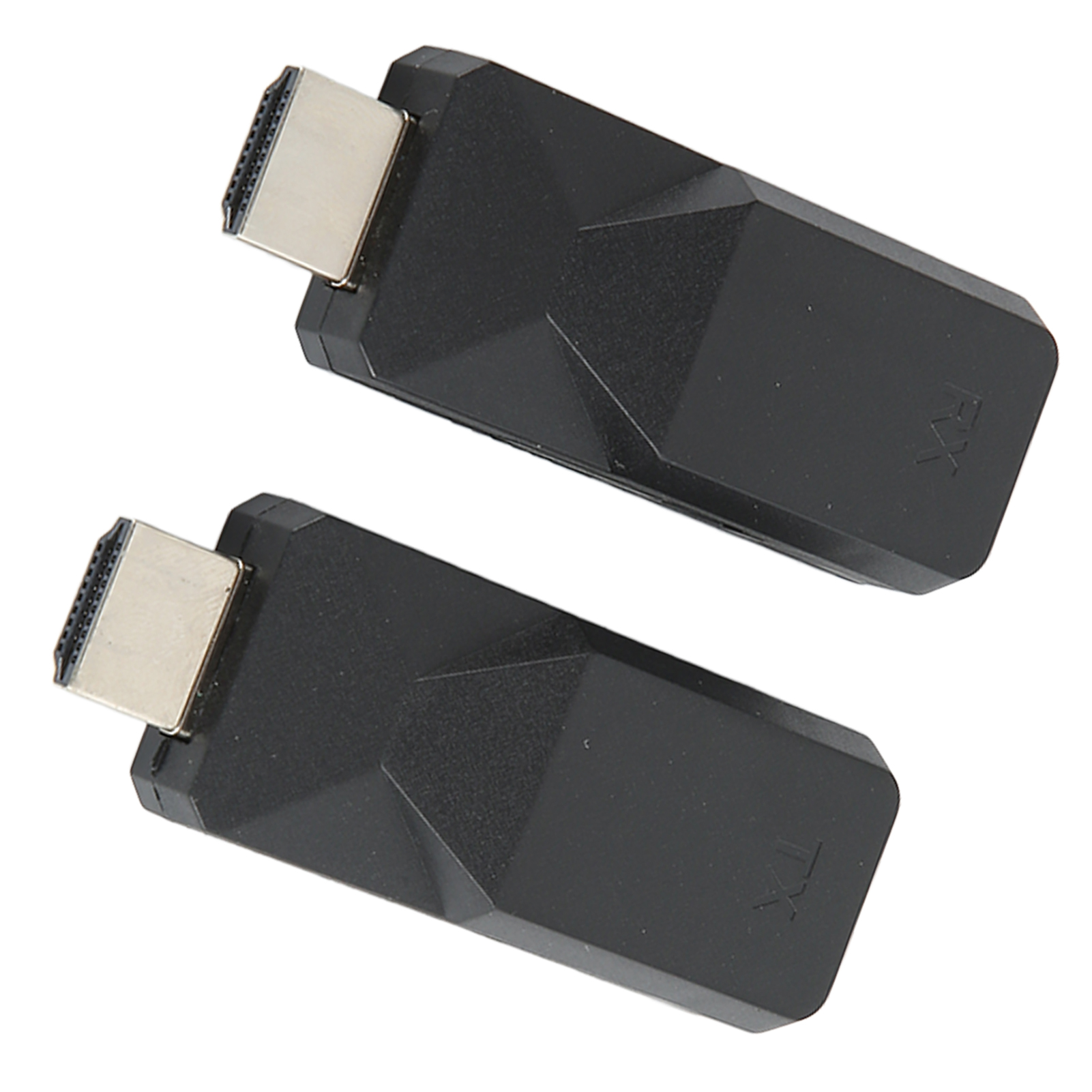 Zwei schwarze HDMI-Adapter auf weißem Hintergrund. Jeder hat einen silbernen Stecker und einen schwarzen Körper mit der Aufschrift RX.