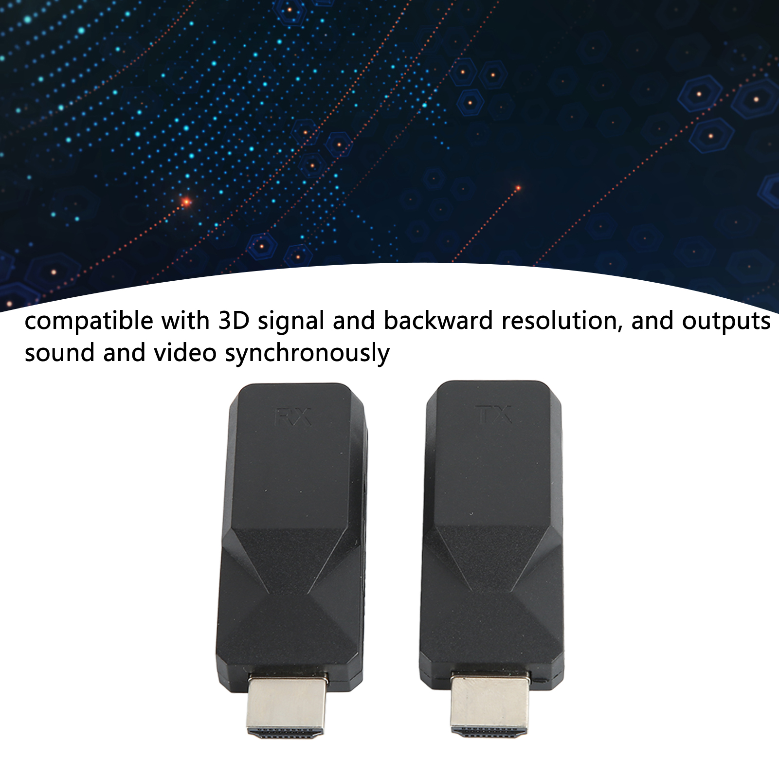 Zwei schwarze HDMI-Extender mit HDMI-Anschlüssen, beschriftet mit 'RX' und 'TX', vor weißem Hintergrund.
