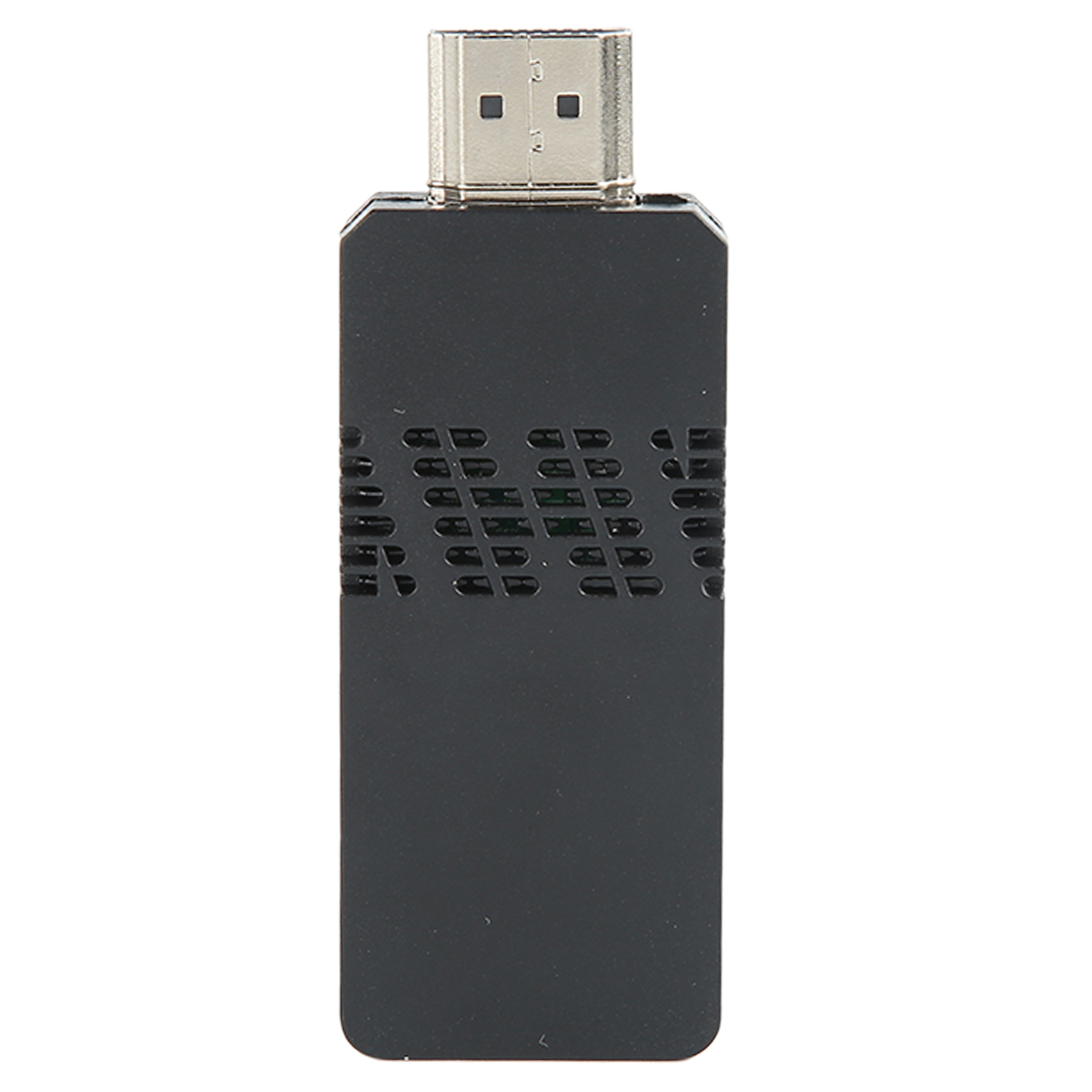 Ein schwarzer HDMI-Adapter mit einem silbernen Stecker. Er hat Belüftungslöcher am Gehäuse.