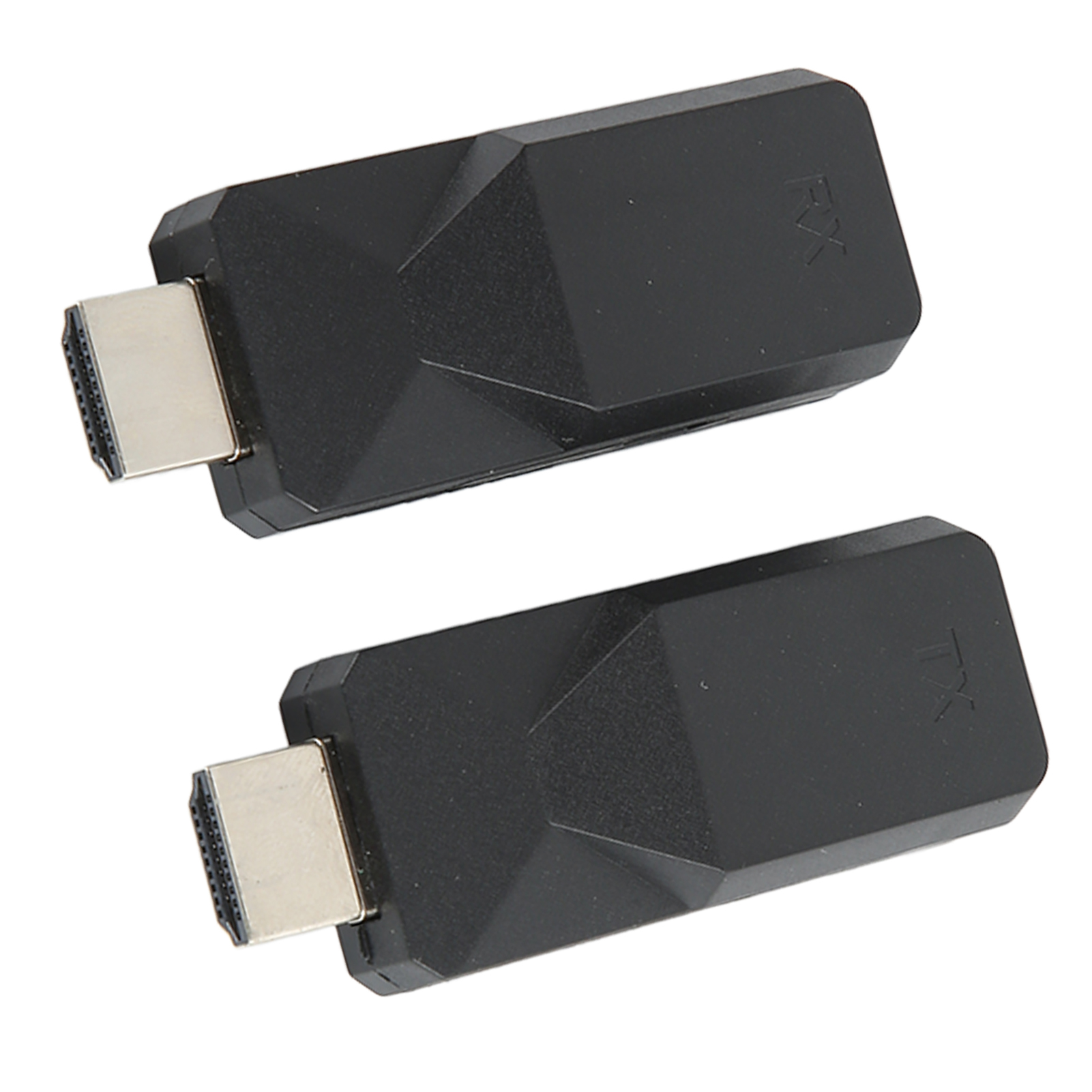 Zwei schwarze HDMI-Adapter auf weißem Hintergrund. Einer ist mit 'FX', der andere mit 'TX' gekennzeichnet.